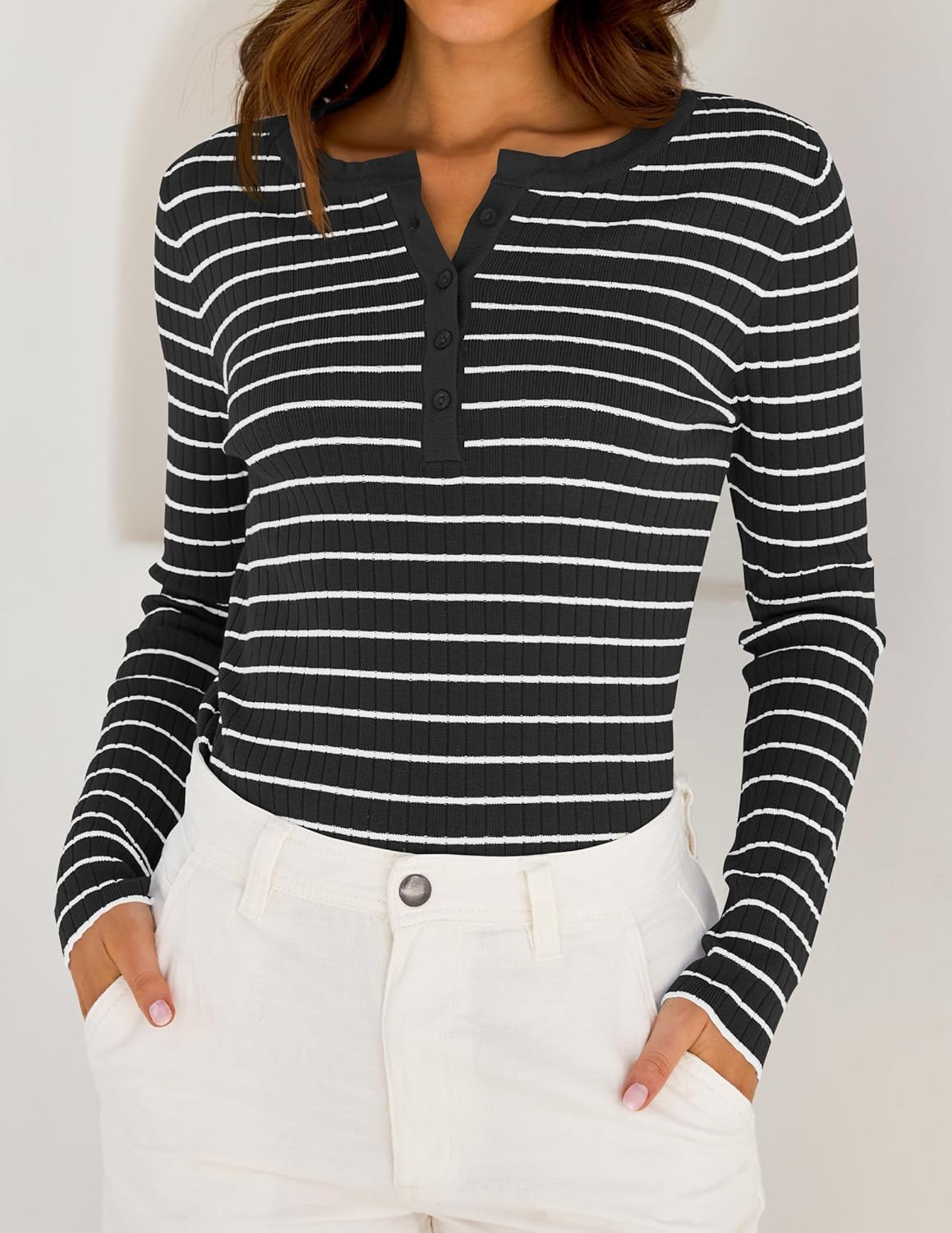 ZESICA Womens Long Sleeve Striped Shirts V Neck Button Up Sweater Casual Loose Basic Tops Trendy Spring Clothes Black Large - Image 6
