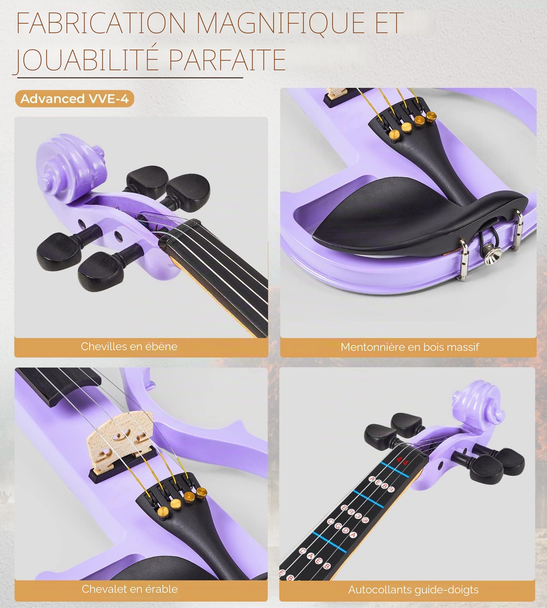 Vangoa Violon Électrique 4/4 Silencieux Taille Réelle pour Débutants Étudiants Adultes Adolescents avec Kit de Démarrage Violet