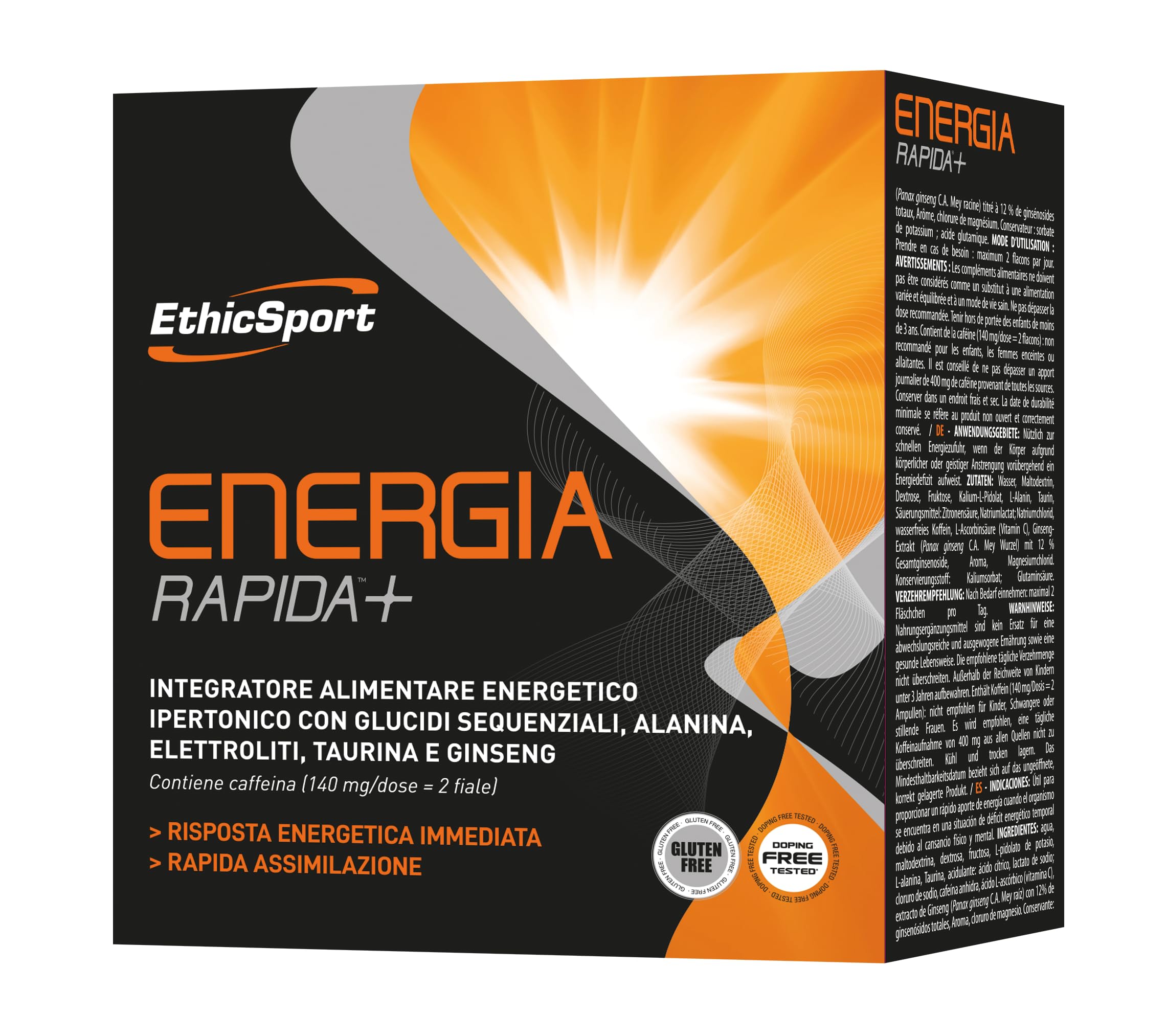 EthicSport ENERGIA RAPIDA+, integratore energetico ipertonico in cartucce monodose con glucidi sequenziali, caffeina, elettroliti, taurina e ginseng – 10fl. da 25ml