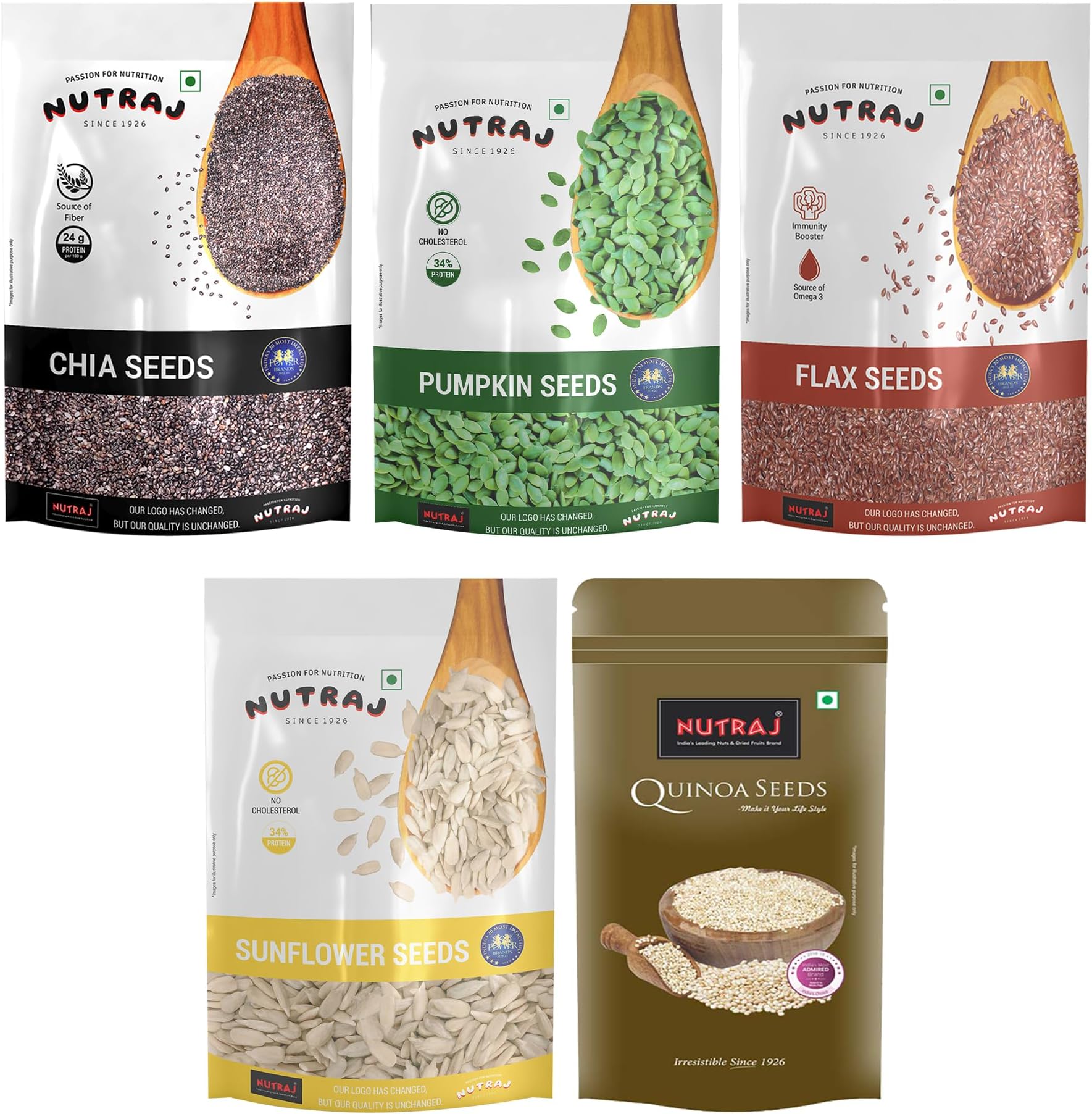 Nutraj Seeds Combo 1Kg Pack 5 Item | Chia, Sunflower, Flax, Pumpkin, Quinoa (200g each) | Seed Cycling | Seed Combo