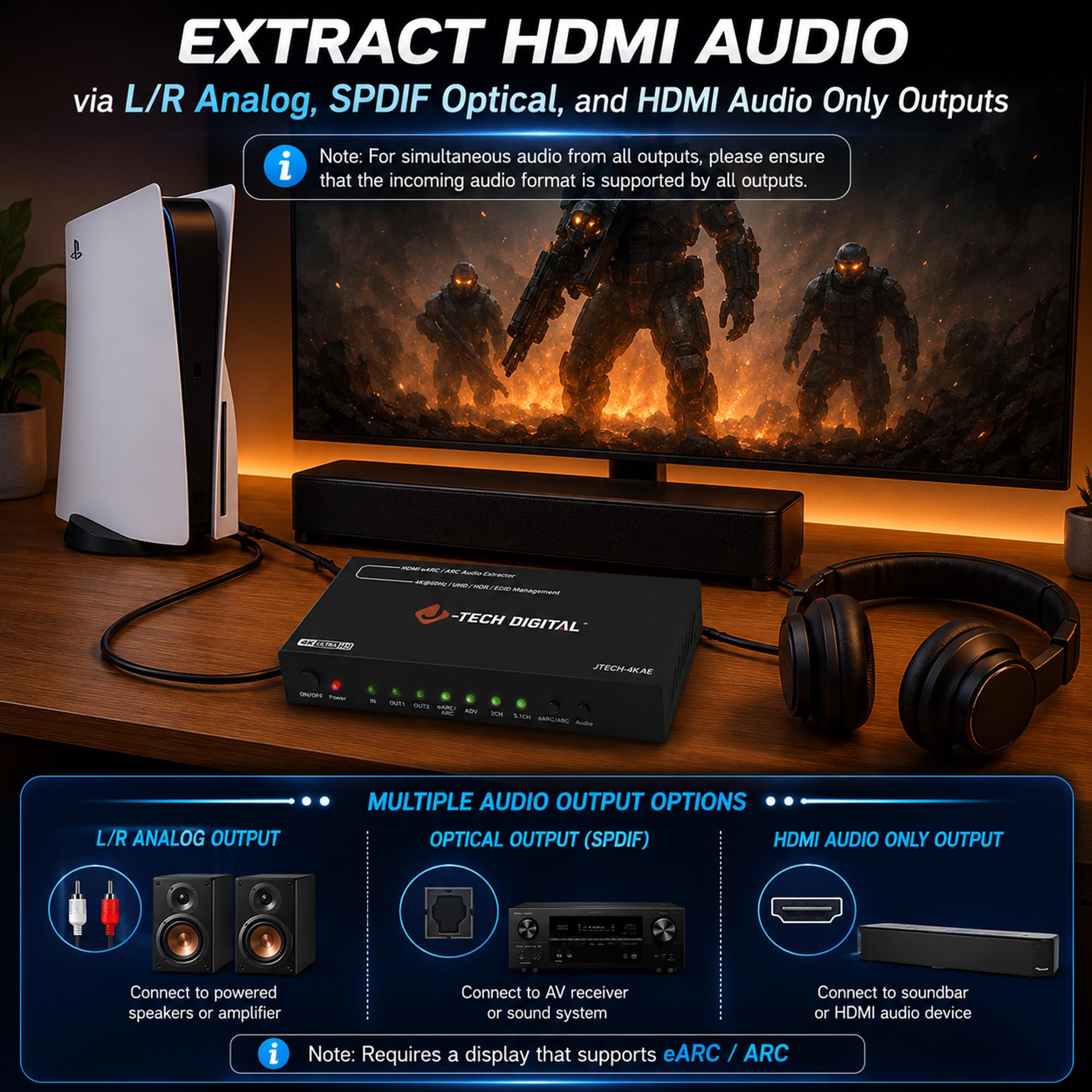 J-Tech Digital Extractor de audio HDMI eARC/ARC 4K, 4K 60Hz HDMI a óptico + convertidor RCA L/R, convertidor de audio digital a analógico DAC para consolas de juegos HDTV, portátiles, Blu-Ray [JTECH