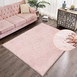 Pink Washable Fluffy 5x8 Area Rugs for Bedroom Plush Faux Rabbit Shag Fur Rug for Living Room Nursery Rug