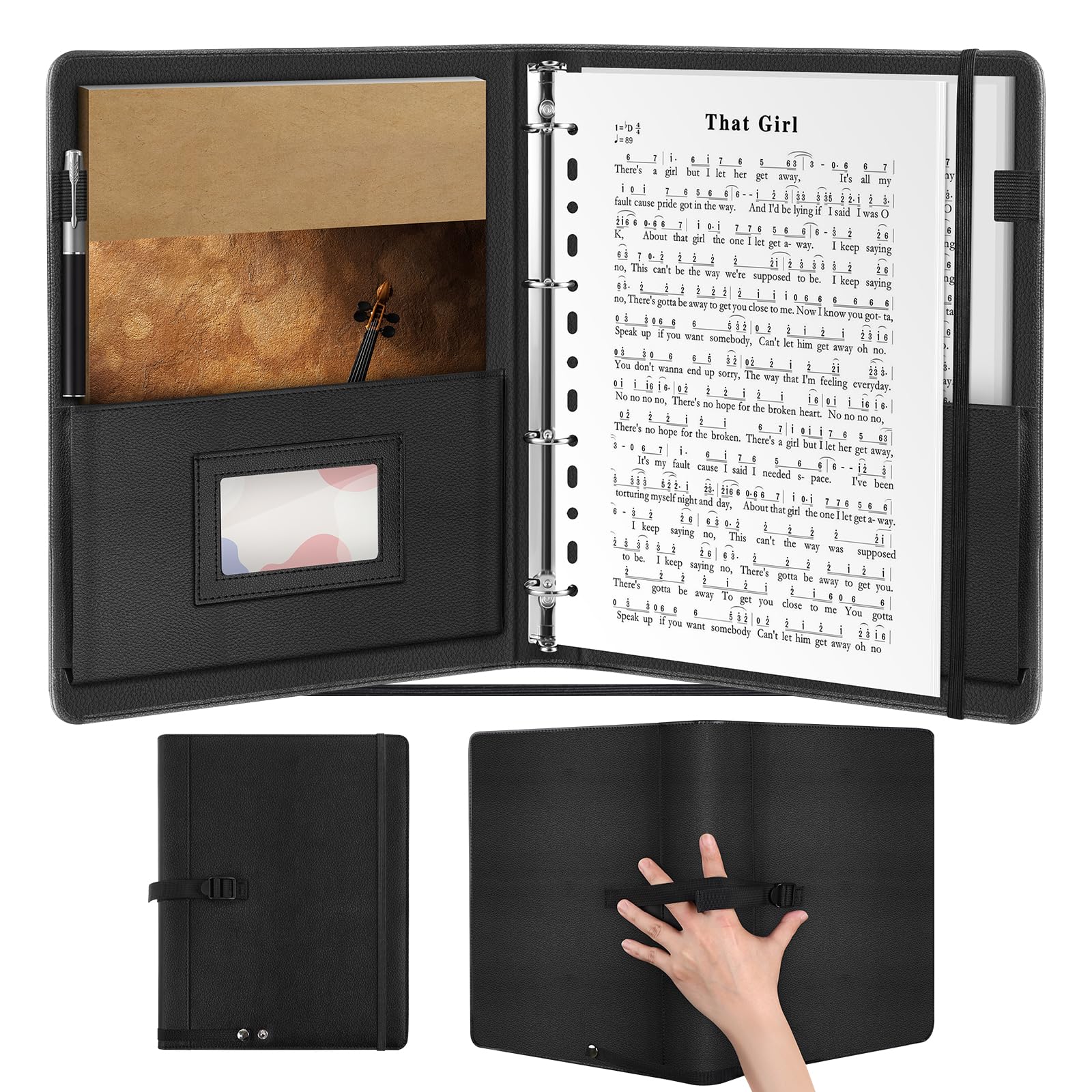 Irich A4 Large Synthetic Leather Sheet Music Folder,4 Ring Thickened Synthetic Leather Music Folder,30 Pockets 60 Pages,Black,220 Maximum Sheets