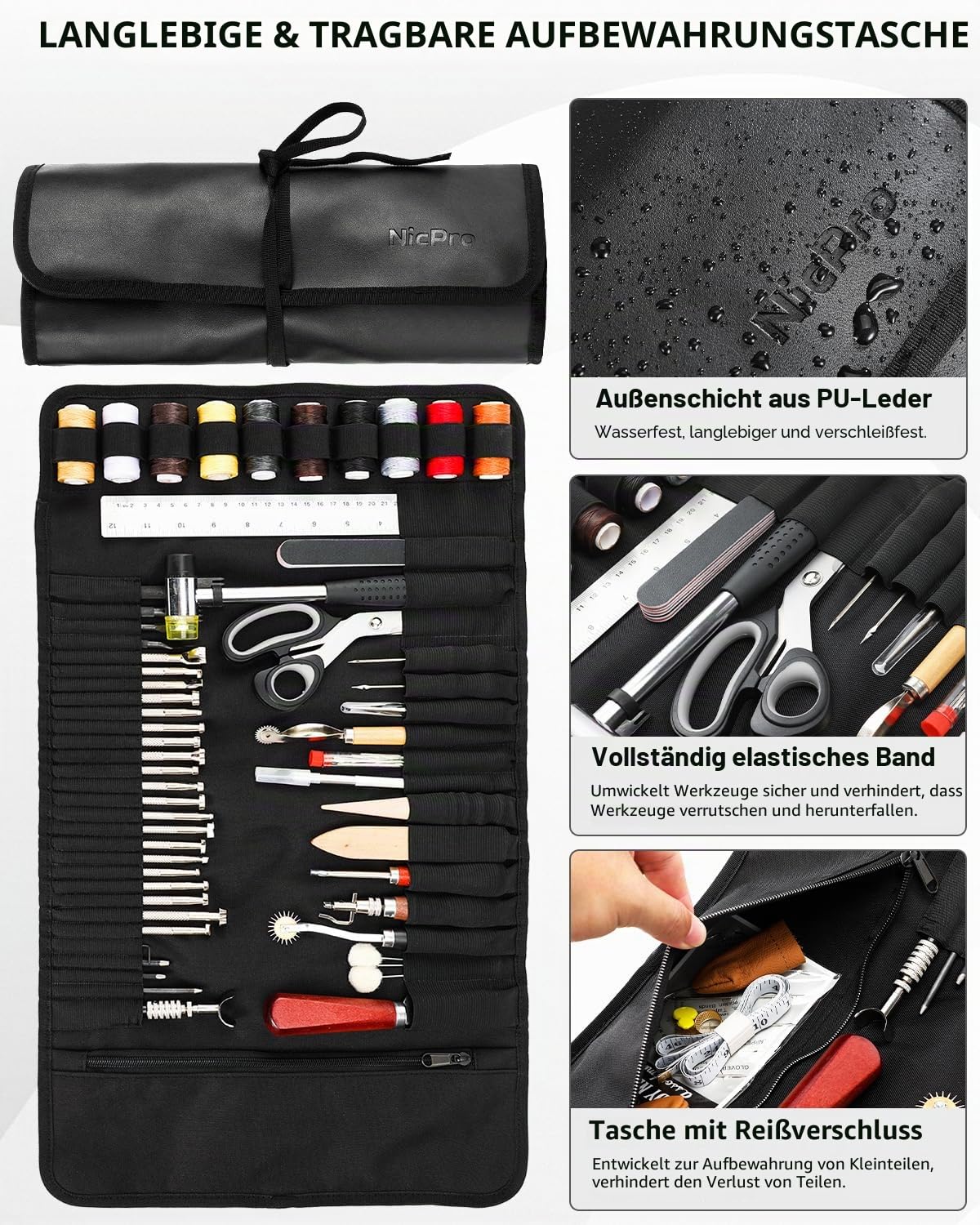Nicpro 85-teiliges Leder Nähset, Sewing Kit mit individueller Aufbewahrungstasche, für Erwachsene, Lederwerkzeug Grundausstattung zum Stanzen, Nähen, Schnitzen, Schneiden, Stanzen, Lederbearbeitung