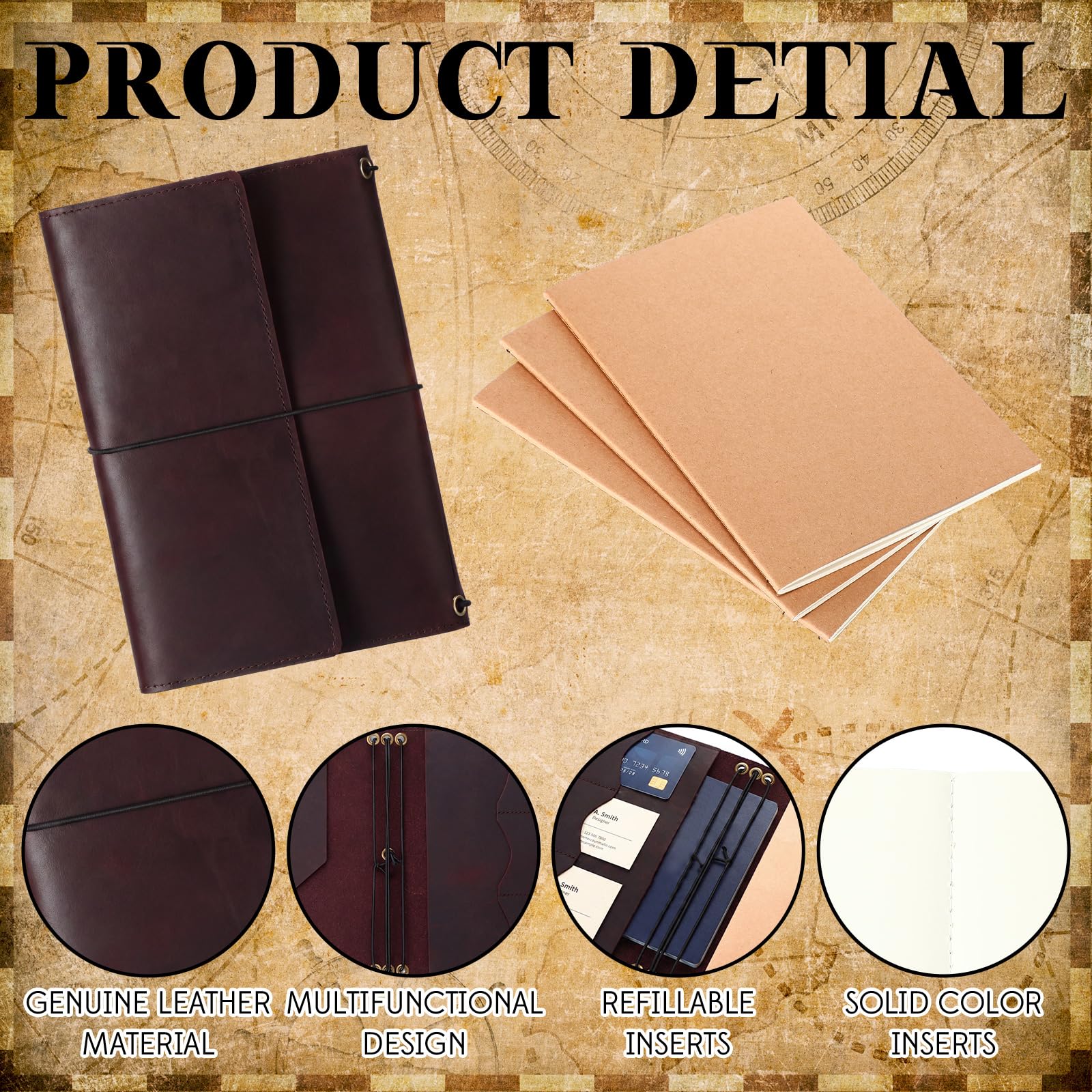 Sabary Juego de 4 fundas para cuaderno de viajeros, 3 cuadernos A5 de piel auténtica, rellenables, A5, con bolsillos interiores, ranuras para tarjetas, soporte para bolígrafos para notas de viñetas
