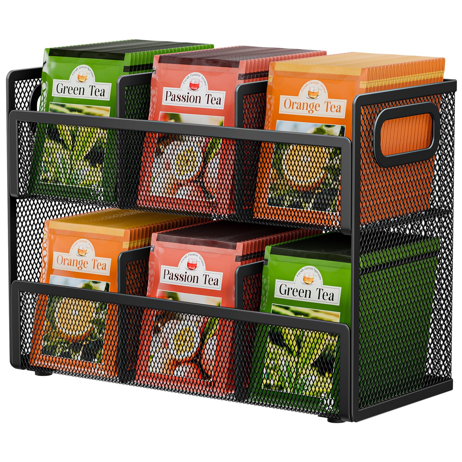 Volmop 2 Tier Tea Bag Organizer, Mesh Tea Bag Holder with Handle, Teabag Holder, Tea Station Organizer for Countertop, Pantry, Kitchen, Cabinet -Black