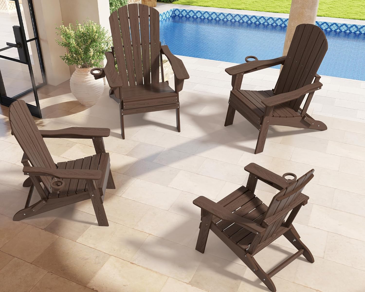Upgraded Folding Adirondack Chair with All-Weather Cup Holder-EcoVida, Premium Wood Grain Texture, HDPE Waterproof, Suitable for Fire Pit, Patio, Porch, Coffee