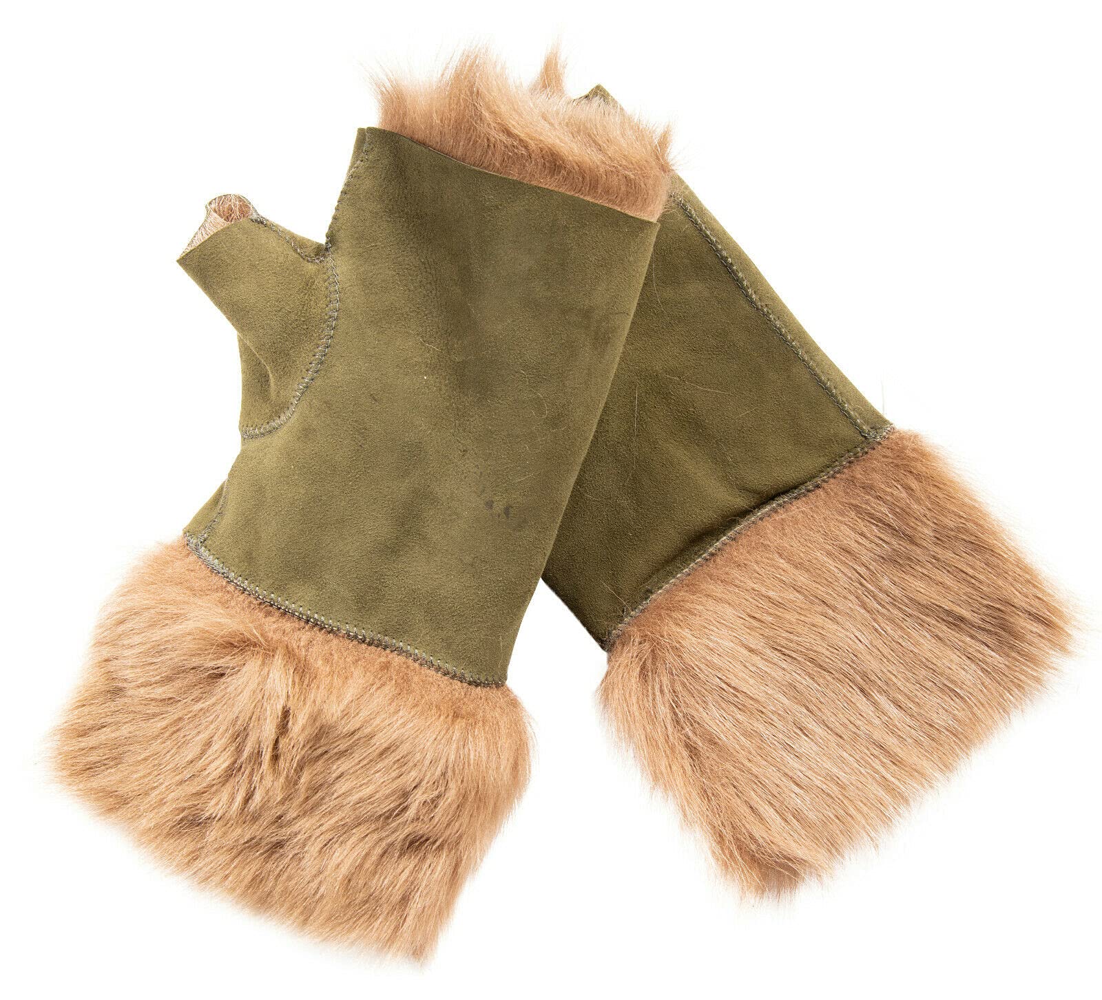 Infinity Leather Women's Olive Shearling Mittens Fingerless Cuffs Toscana Suede Sheepskin Fur In