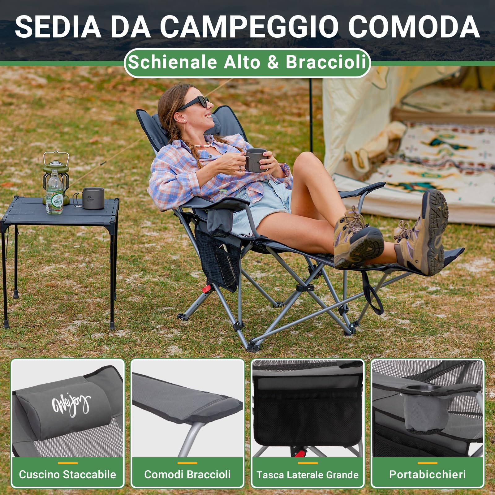 #WEJOY Set di 2 Sedia da Campeggio Pieghevole Reclinabile, Sedia Sdraio da Spiaggia Portatile, Schienale Regolabile, Poggiapiedi Staccabile, Sedia Pieghevole per Esterno Giardino Pesca, Grigio Scuro