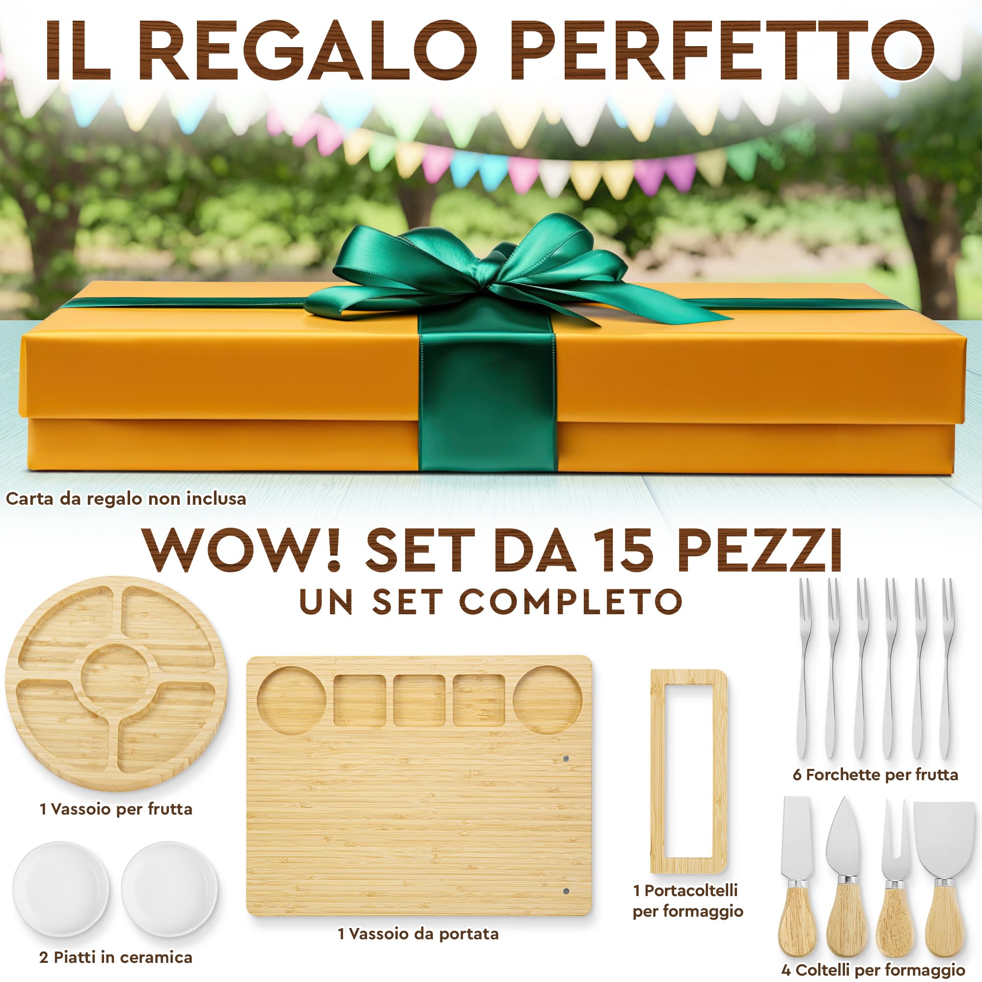 Set regalo deluxe taglieri per salumi - 15 pezzi, bambù - Grande tagliere per formaggi + vassoio per festa della mamma, compleanno, inaugurazione della casa, addio al nubilato