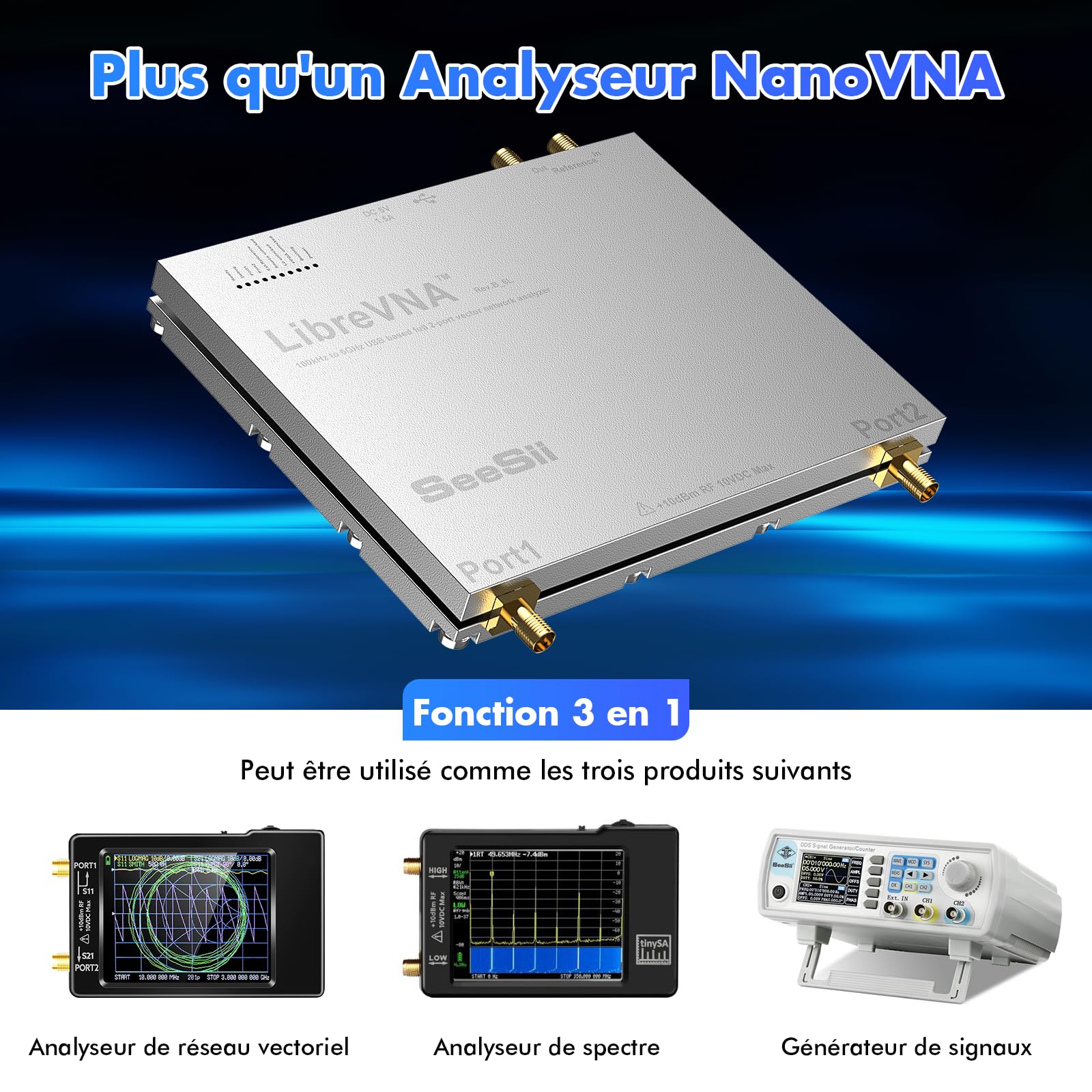 Seesii LibreVNA 2,0 Analyseur de Réseau Vectoriel, NanoVNA Analyseur d'antenne 100kHz-6GHz 2022 Amélioré USB 2 Ports Complets avec Entrée/Sortie de Référence Externe pour Paramètres S Complet