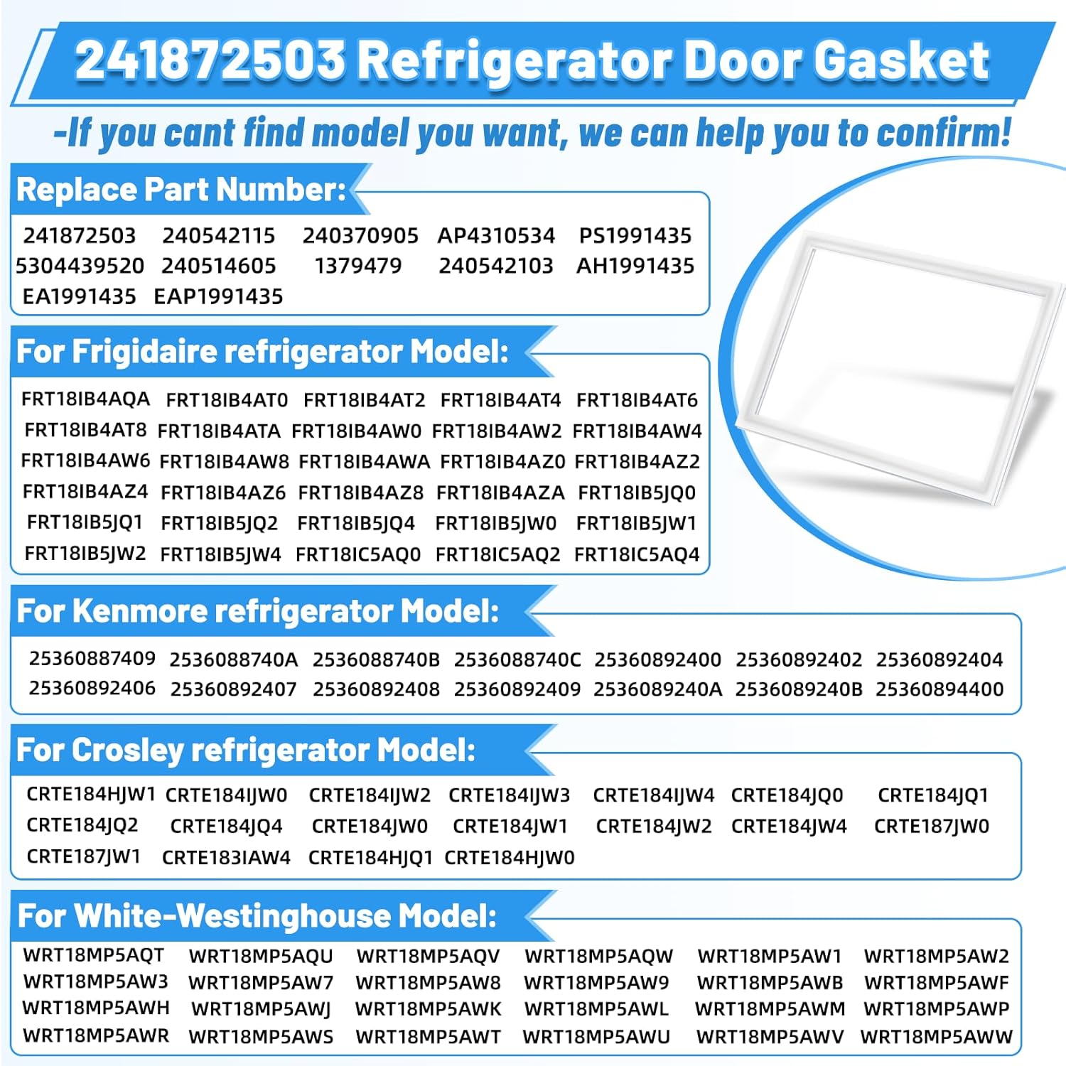UPGRADED 241872503 Freezer Door Gasket Compatible with Frigidaire Refrigerator Freezer Door Gasket 240542115 Refrigerator Door Seal For Kenmore Refrigerator Door Gasket 240370905 AP4310534 PS1991435