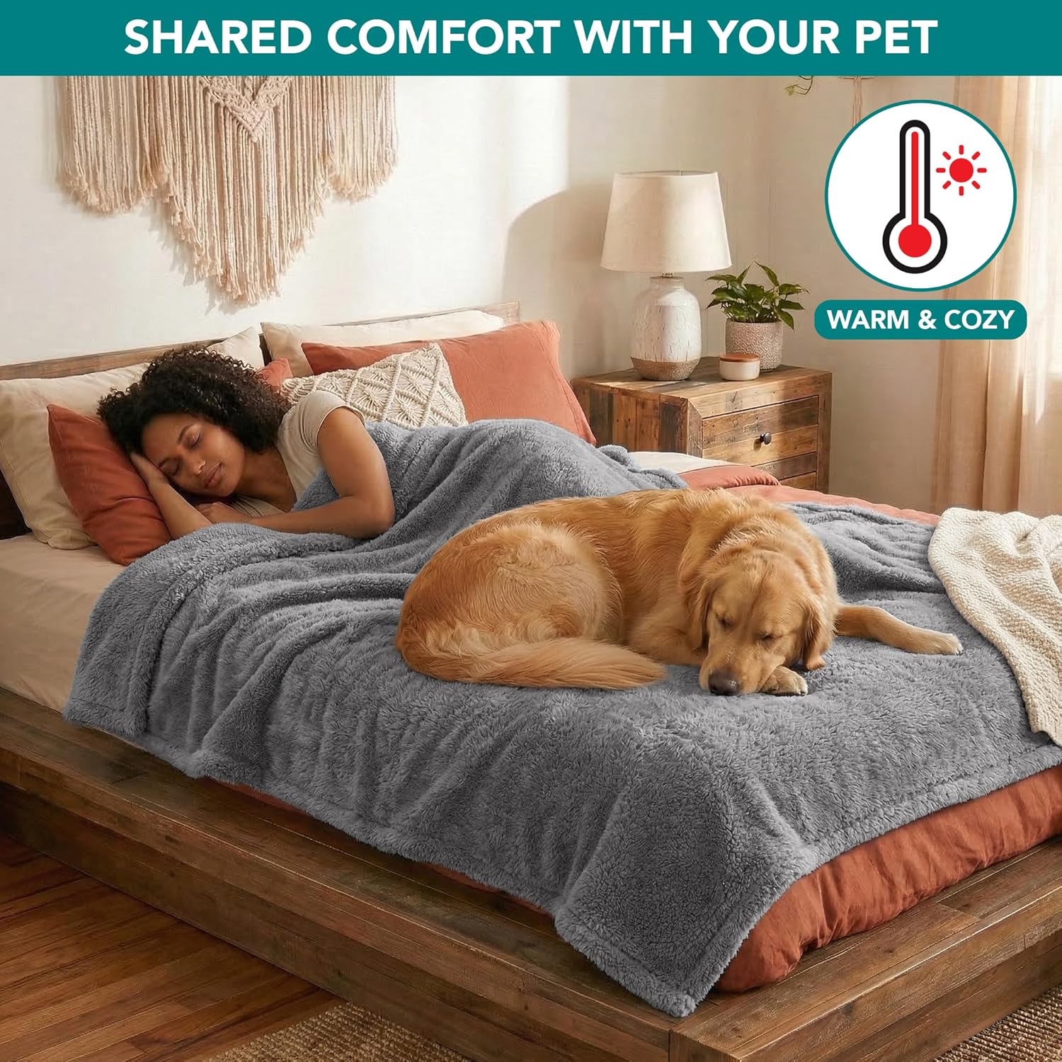 PetAmi Fluffy Waterproof Dog Blanket for Bed Large Dogs, Soft Warm Pet Sherpa Throw Pee Proof Couch Cover, Reversible Cat Blanket Sofa Crate Kennel Protector, Washable Mat (Light Grey, 60x80)