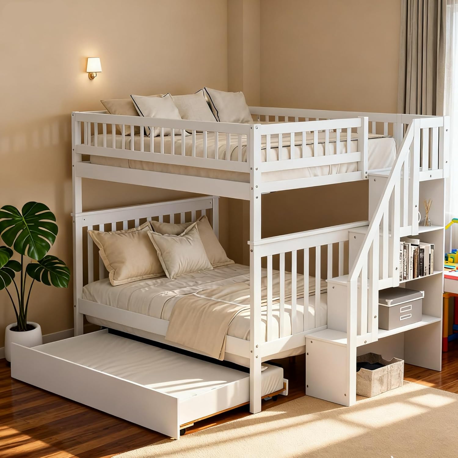Bellemave Full Over Full Bunk Beds with Trundle and Stairs Stairway Bunk Bed Frame with Storage Shelves for Kids Teens Adult, Detachable Wood Full Bunk Bed for Boys Girls Adults, White