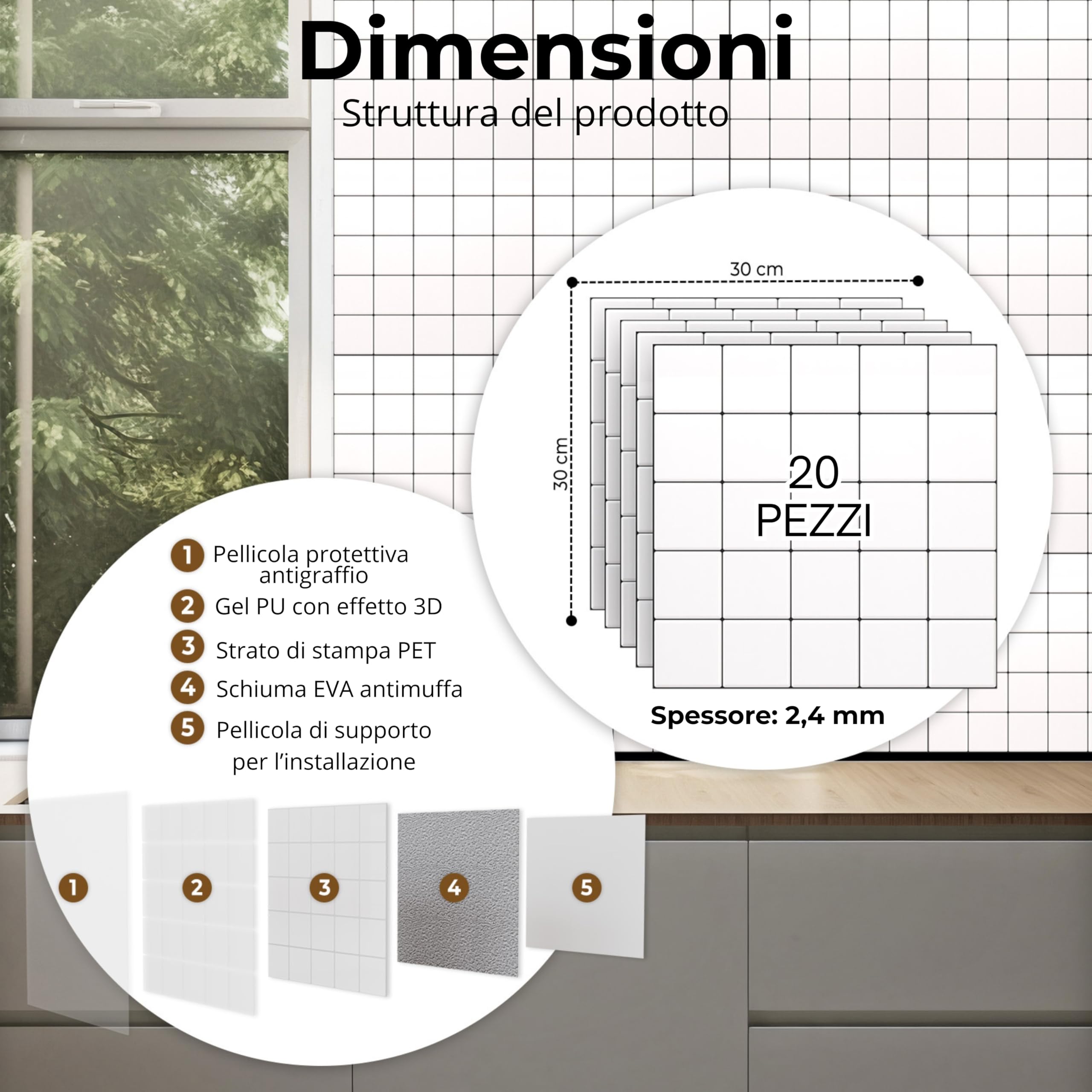 AMARA DECO – 20 Piastrelle Adesive Cucina e Bagno 30x30cm. Mattonelle Adesive da Parete con Effetto Piastrelle 3D, Impermeabili, Resistenti al Calore e Facili da Pulire (Quadrati) (20, Bianco e Nero)
