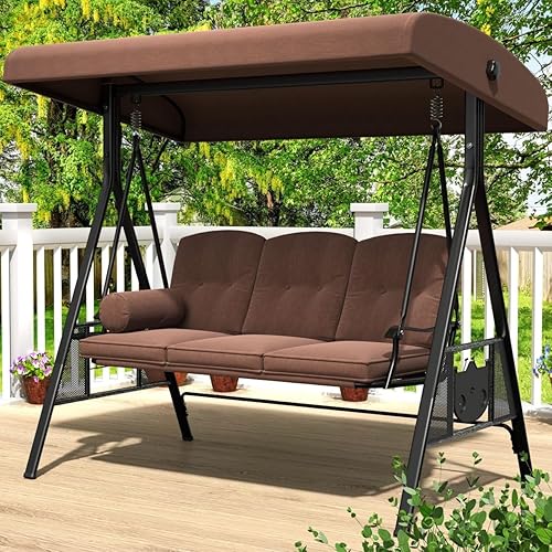 Miniatura 18 de AECOJOY Columpio para porche al aire libre, columpio de porche de 3 asientos con toldo ajustable, columpios al aire libre para adultos con cojines