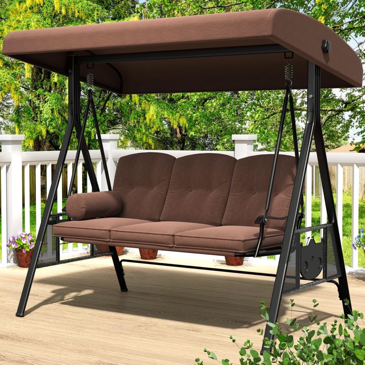 AECOJOY Outdoor Porch Swing, 3-Seat Porch Swing with Adjustable Canopy, Outdoor Swings for Adult with Brown Removable Cushions for Backyard, Garden, Yard, Poolside, Balcony : Patio, Lawn & Garden