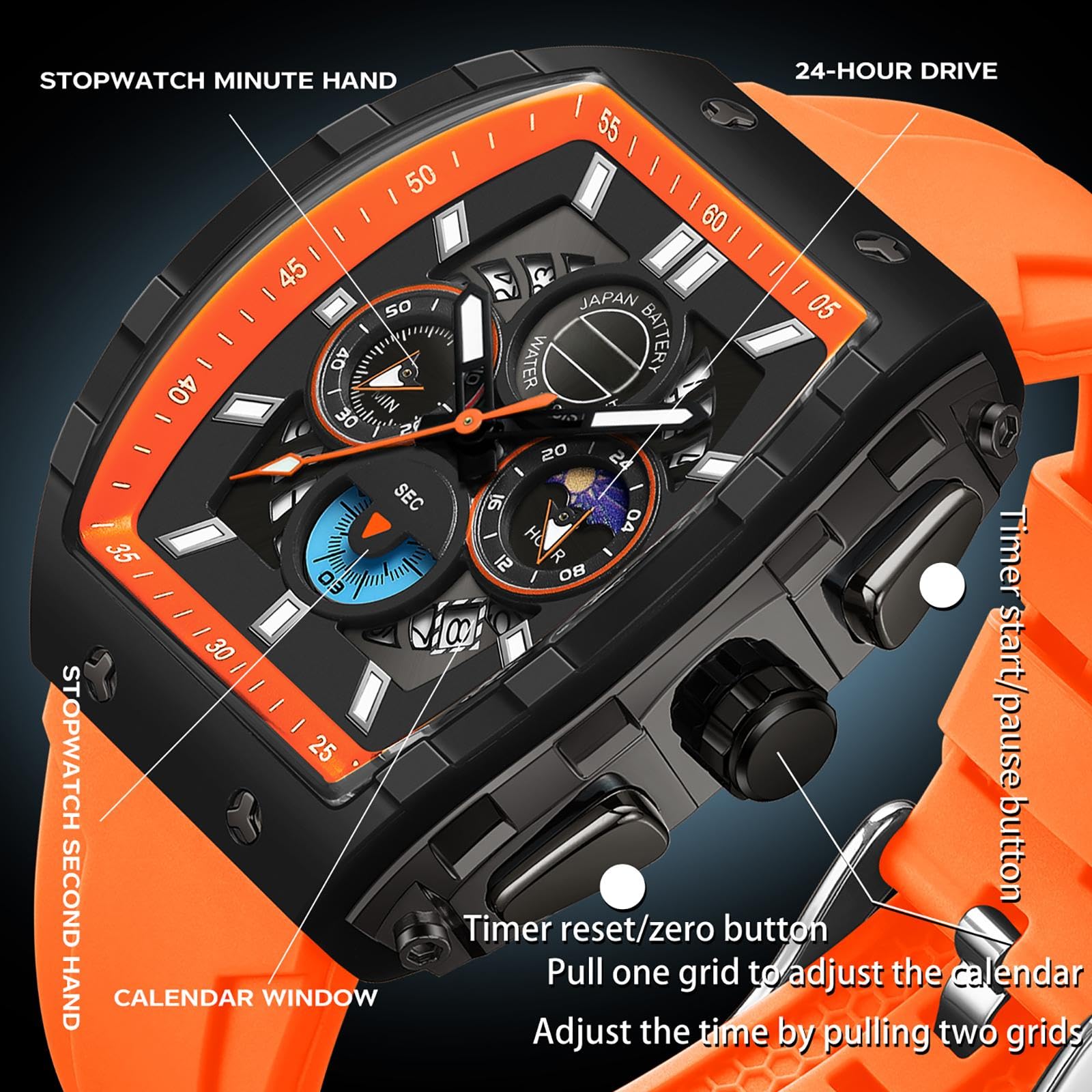 findtime Orologio da uomo con cronografo, analogico, sportivo, impermeabile, da corsa, cronometro, con fasi lunari luminose, unico Tonneau, orologi da uomo di seconda mano
