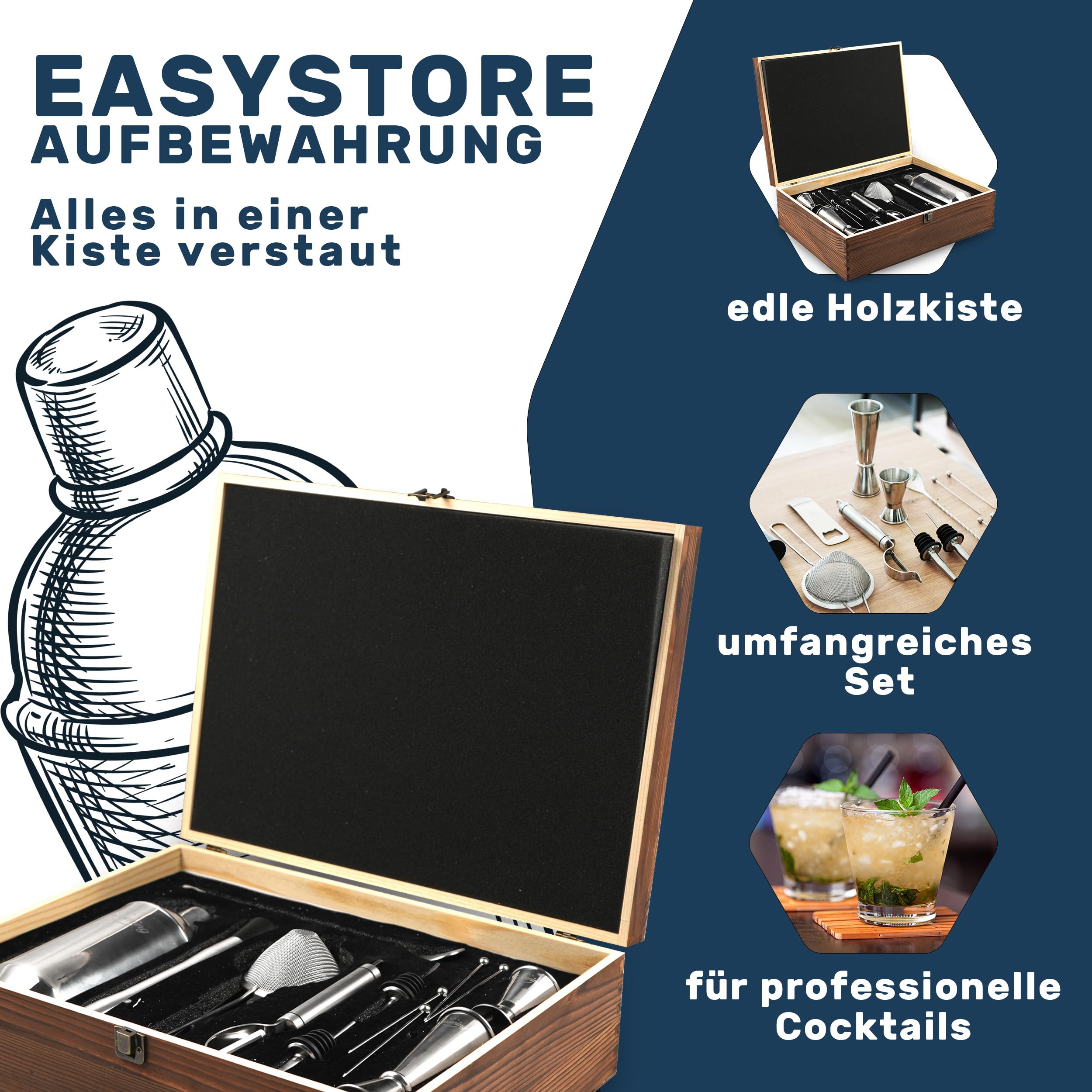 Shaker à cocktail 16 pièces dans une boîte en bois pratique et élégante, superbe emballage cadeau avec livre de recettes pour débutants et professionnels, acier inoxydable 304 de qualité