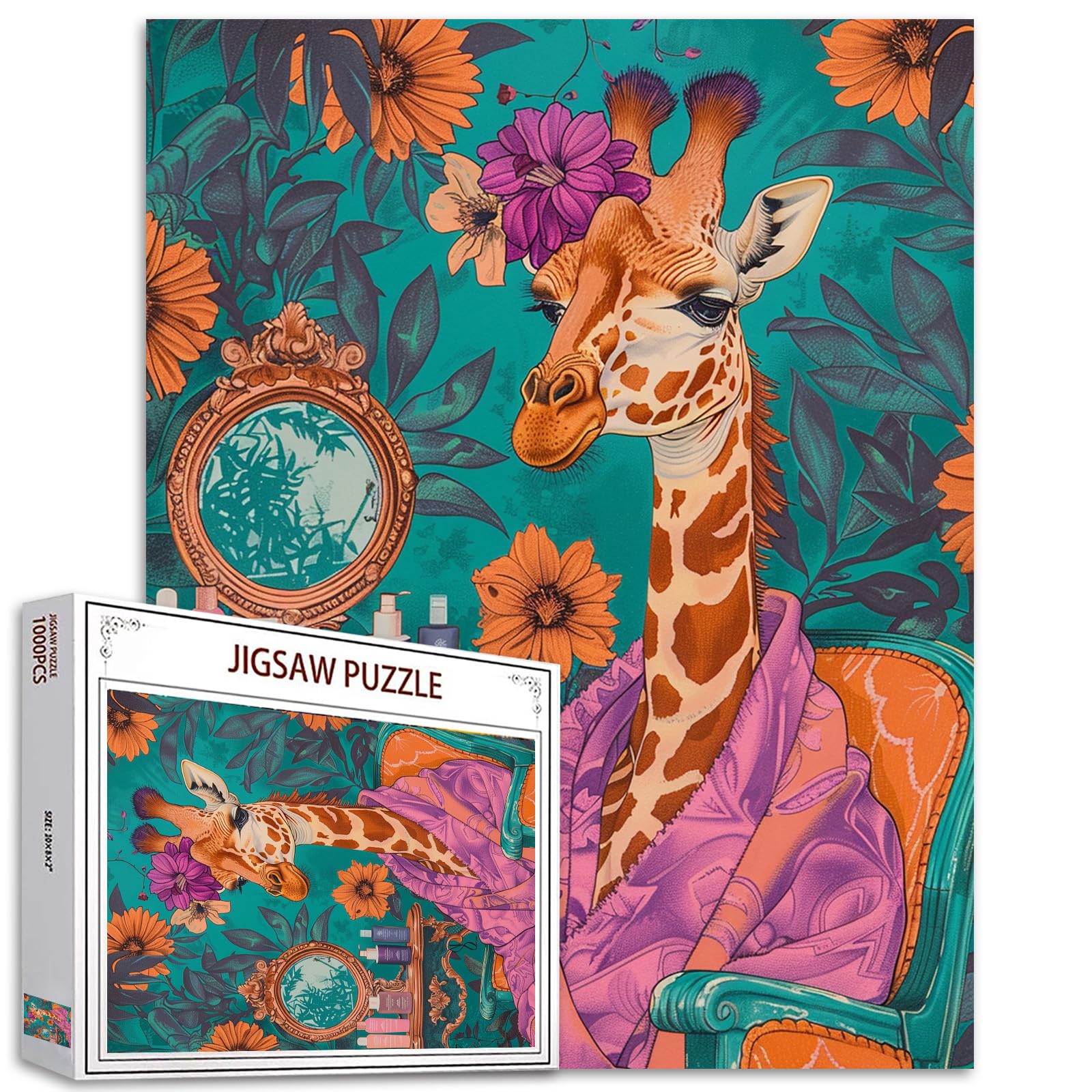 Giraffe in Clothes Sitting on the Couch Jigsaw Puzzle for Adults - 1000 Pieces, Jungle Animal Flower DIY Puzzle for Home Decor, Family Game Nights and Gifts