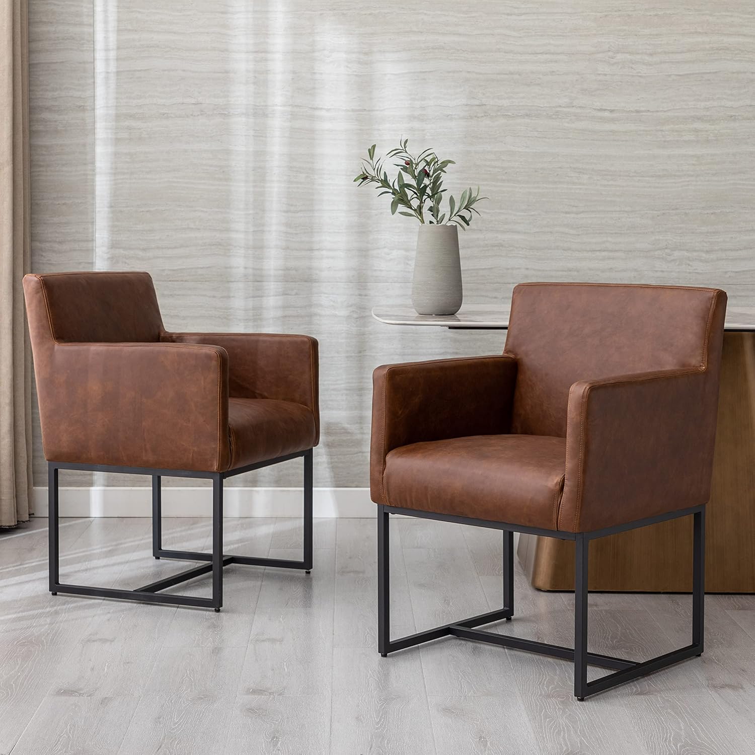 Set of 2 Upholstered Dining Chairs with Armrest, PU