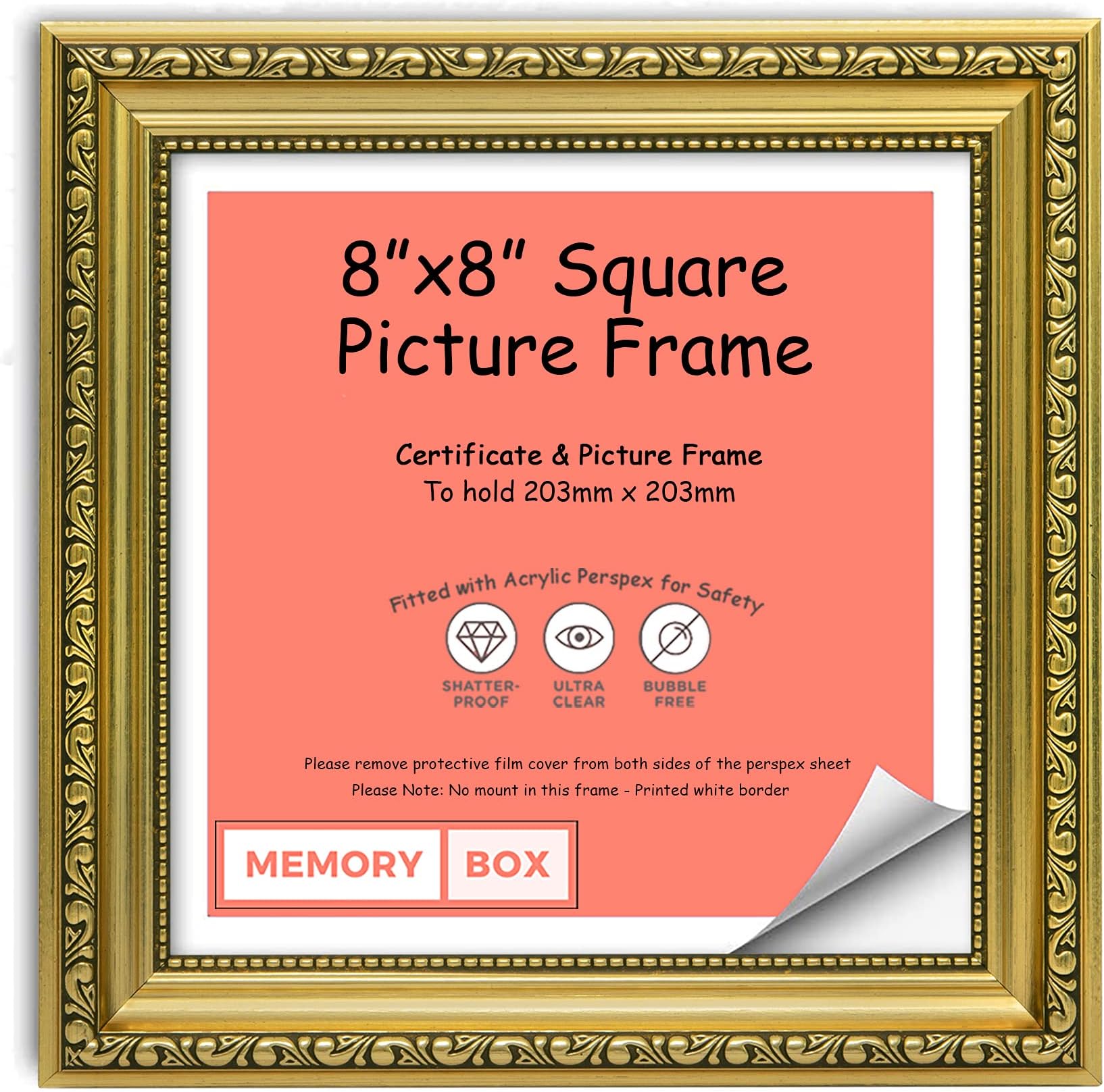 Memory Box Gold – 10" x 8" Ready to hang or stand Ornate Shabby Chic Picture/Photo/Poster frame with High Clarity Styrene Shatterproof Perspex Sheet & MDF backing board