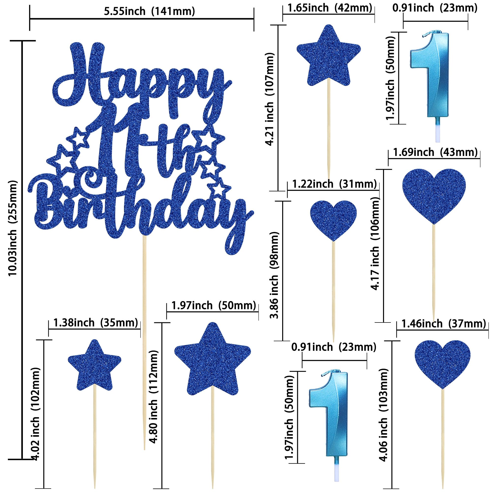 Gyufise 15Pcs Happy 11th Birthday Cake Topper Set Heart Star Glitter Cheers to 11 Years Cake Picks Number 11 Candles Cake Decorations for Happy 11th Birthday Anniversary Party Supplies Blue - Image 2
