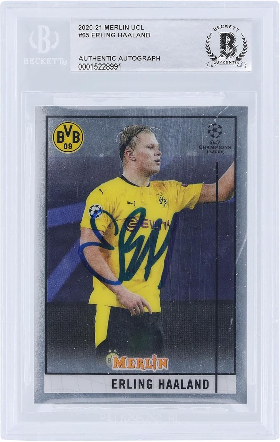 Erling Haaland Borussia Dortmund Autographed 2020-21 Topps Merlin Chrome Collection #65 BAS Authenticated Card - Autographed Soccer Cards