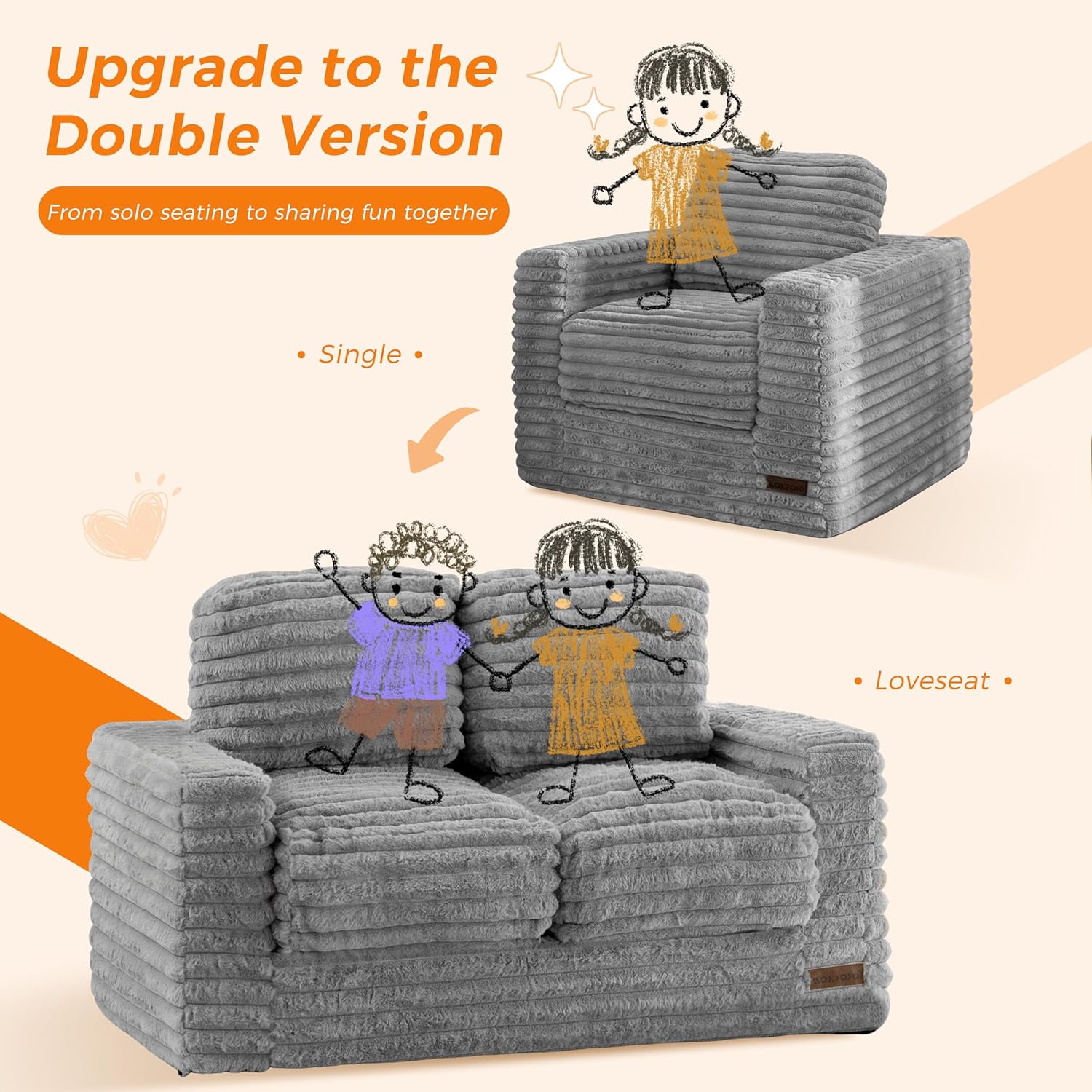 MAXYOYO Extra Wide Kids Bean Bag Chair, Comfy Faux Fur Bean Bag Sofa with Filler, Upholstered Floor Sofa with Pillows and Armrests, Lazy Floor Chair Couch for Boys and Girls, Grey - Image 5