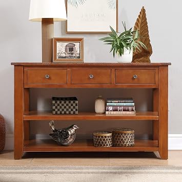 48" Solid Pine Wood Top Console Table with 3 Storage Drawers and 2 Open Shelves, Modern Sofa Side Table with Metal Handles for Entryway, Hallway and Living Room Brown-01
