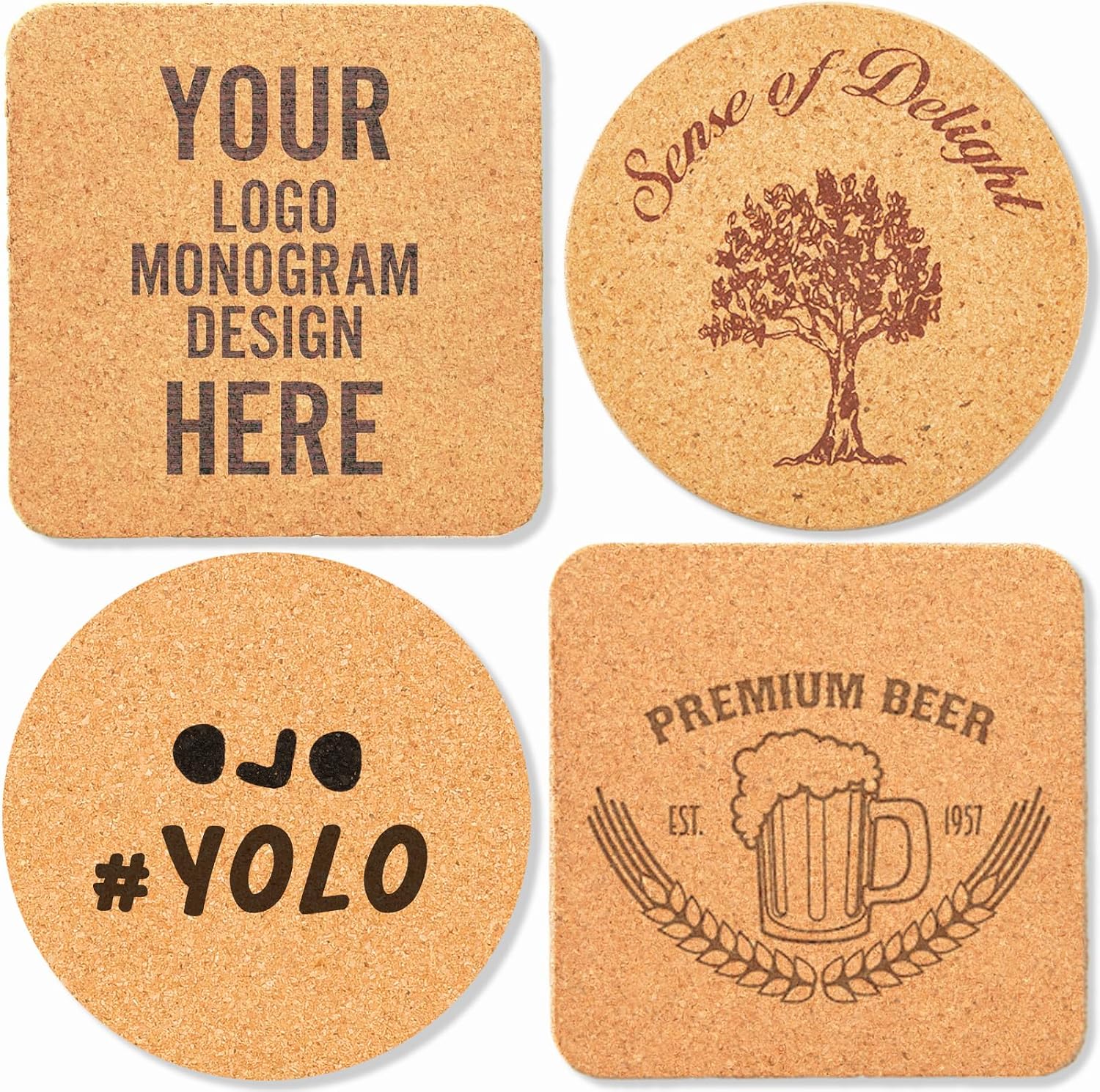 54 Pcs Cork Coasters & Mats - 4 Inch Squares, Curved-Edge & Round Pads (54pcs)