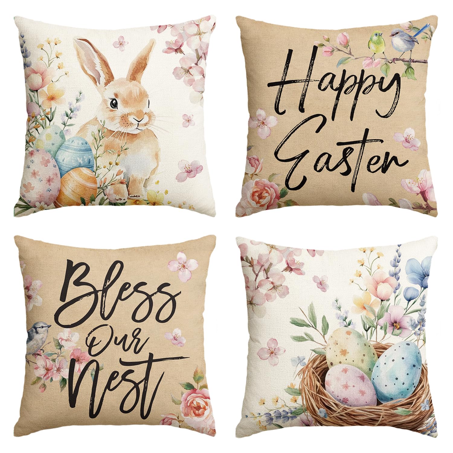 Housses de coussin pour canapé usé : lot de 4 taies lapin et fleurs marron