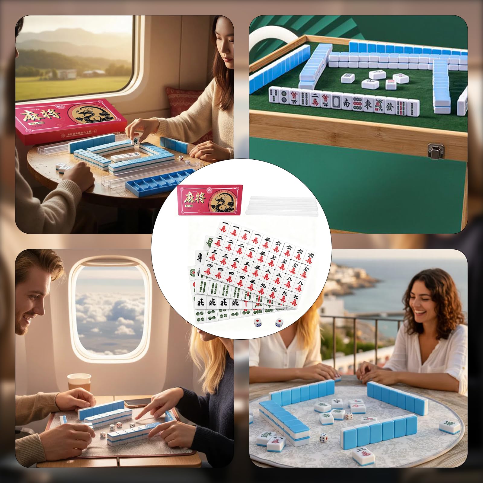 Zestaw Mini Mahjong 24 mm - Przenośna chińska gra stołowa Mahjong z 144 kafelkami, z 2 kostkami, idealna gra rodzinna do domu lub w podróży