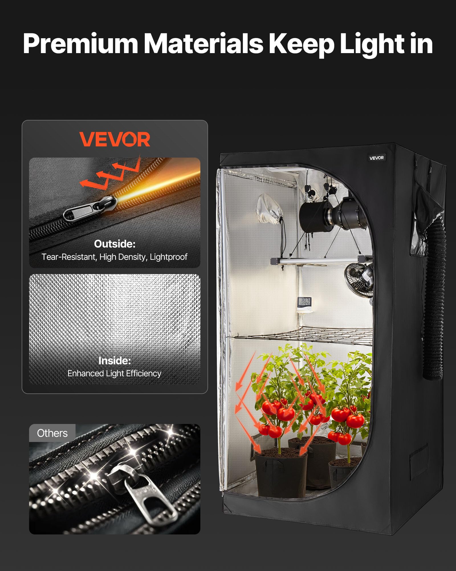 VEVOR Armario de Cultivo Interior 100x100x200 cm, Carpa de Cultivo con luz LED de Espectro Completo y Sistema de Ventilación, Mylar 600D de Alta Reflectancia, Tienda para Plantas, Flores, Verduras