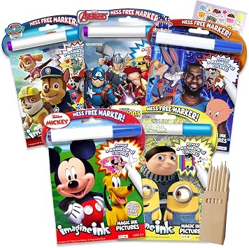 Assortment Boys Bundle of 5 Imagine Ink Coloring Book Featuring Favorite Cartoon Characters Mess Free Invisible Ink Pens