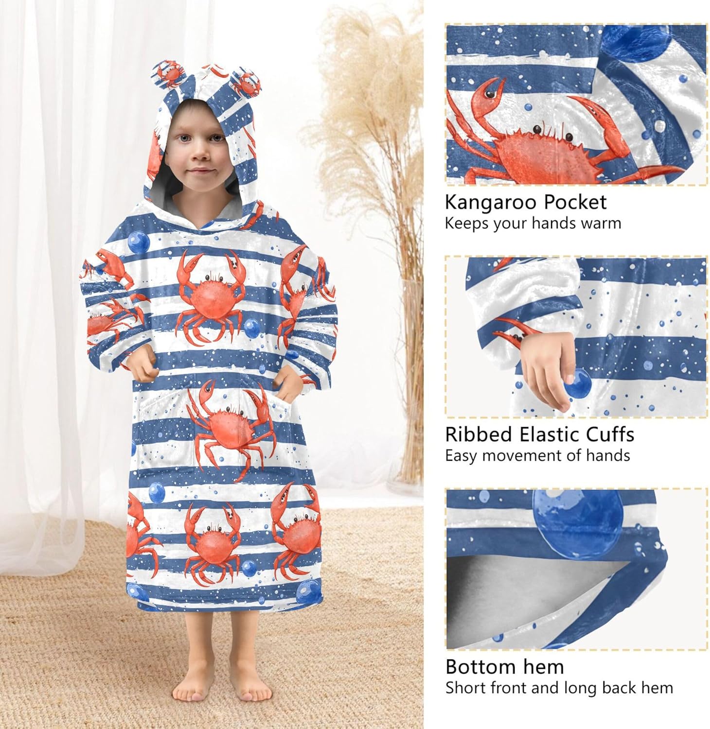 Cute Crab Stripe Kids Wearable Blanket Hoodie with Pocket and Sleeves for Toddlers, Cute Hoodies Girls Boys B0404075