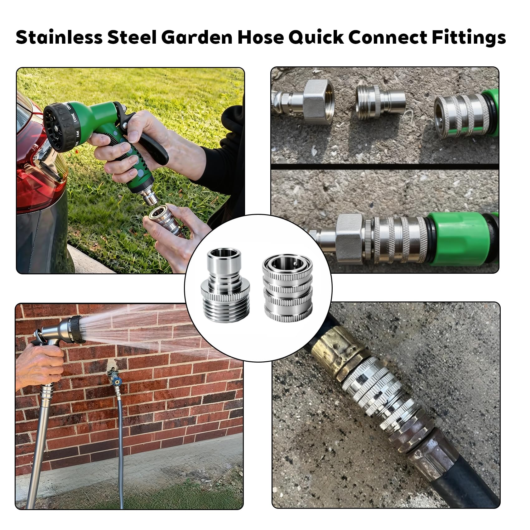 Set di 5 raccordi per tubo da giardino in acciaio inox, a connessione rapida, resistenti da 1,3 cm a 1,9 cm, kit di connettori a sgancio rapido per rubinetto, spruzzatore e tubo dell'acqua all'aperto