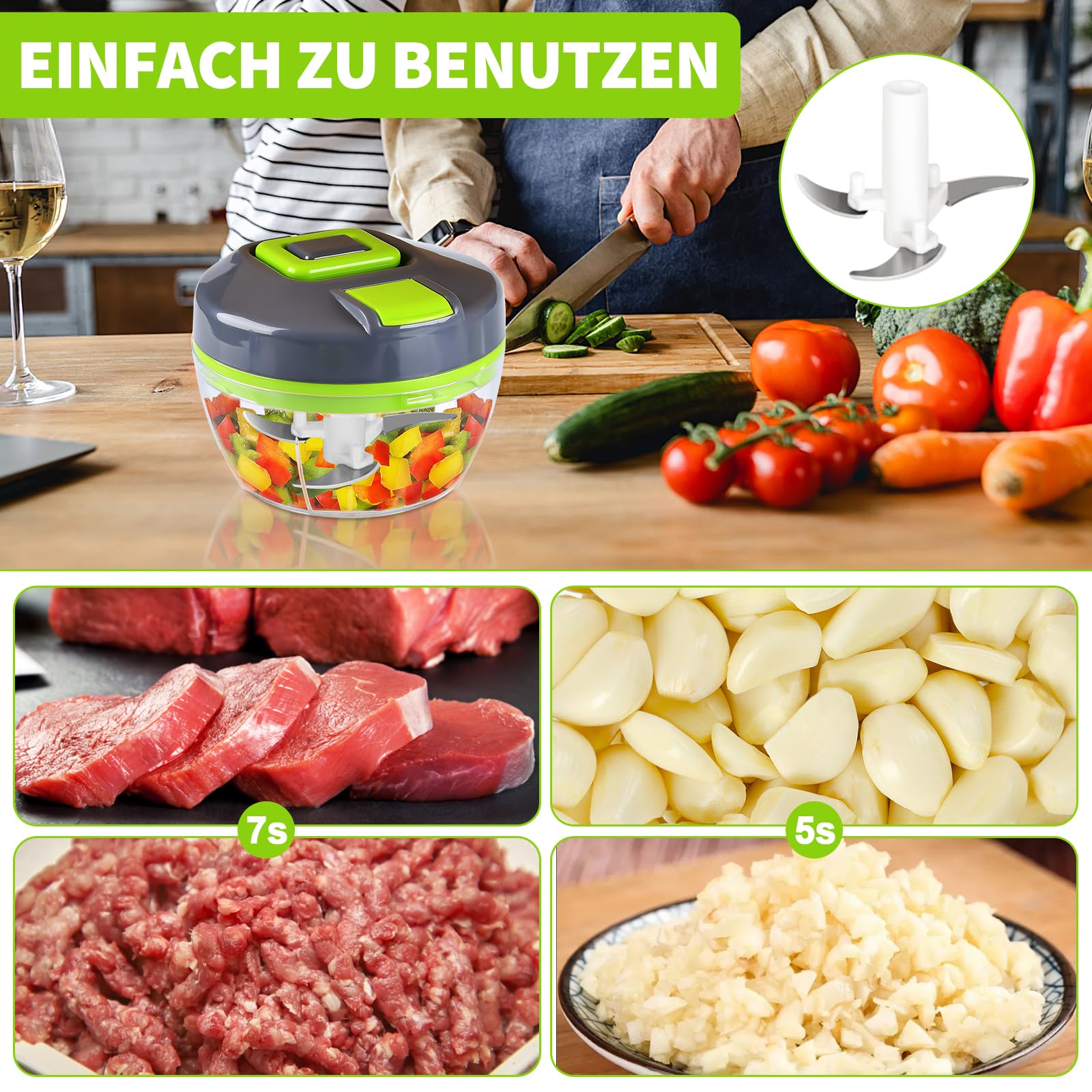 Tritatutto Manuale ZOBMIO Con 4 Lame | Per Cipolla, Verdura, Frutta | Cavo A Strappo - Foto 8