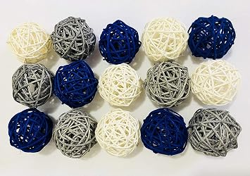 Pack of 15 Mixed 3 Colors White Royal Blue Gray Rattan Wicker Balls Vase Fillers for Wedding Party Christmas Decoration, 2inch