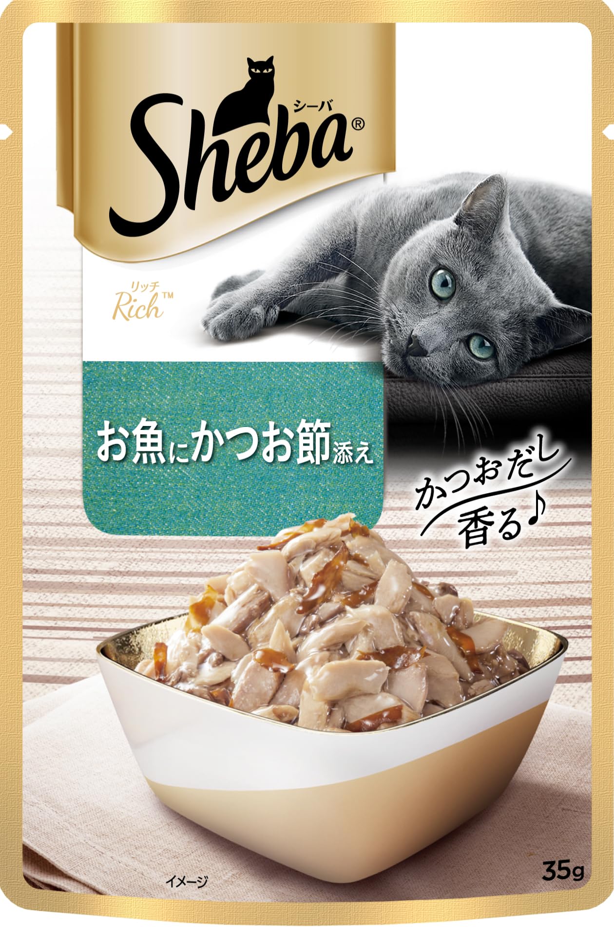 Sheba Rich Premium Adult (1+ Years) Wet Cat Food, Fish with Dry Bonito Flavour, 35 g Pouch (Pack of 12), High-moisture wet food for healthy hydration