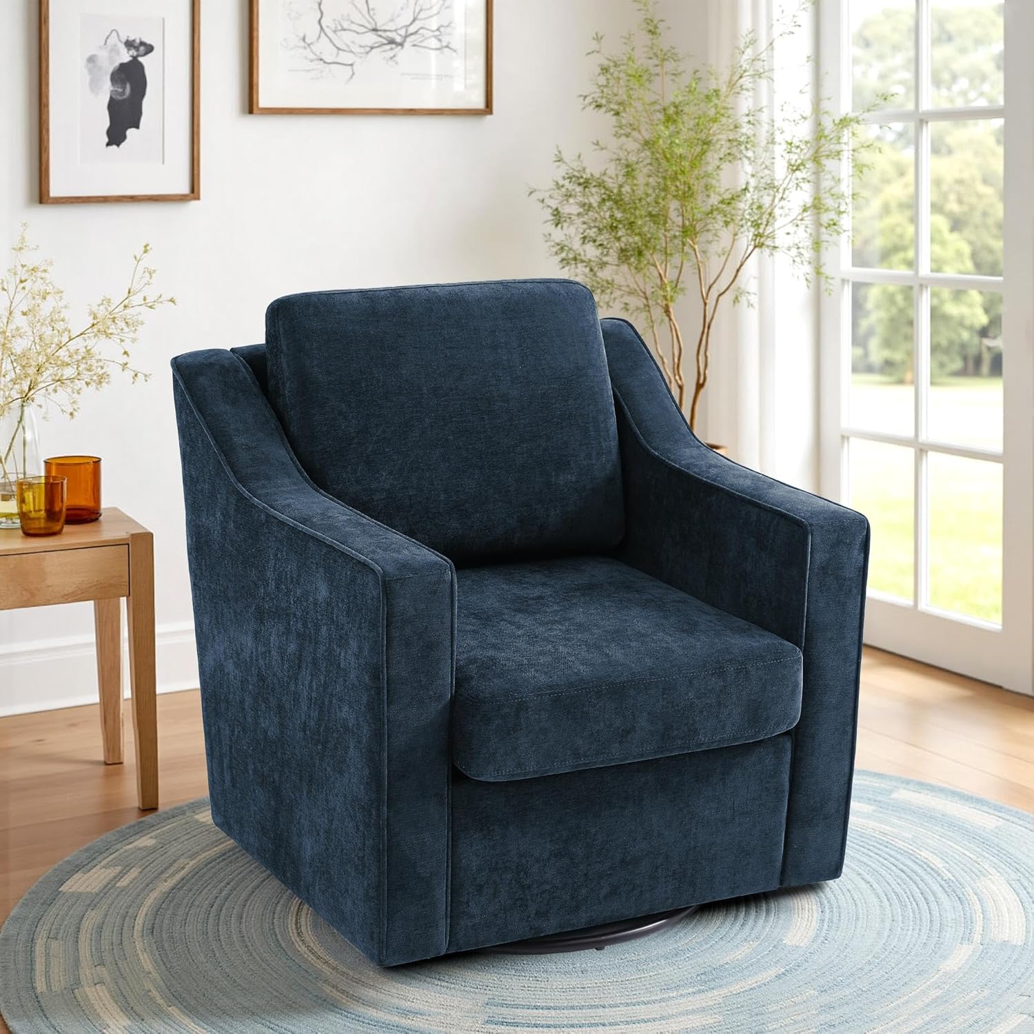 Swivel Accent Chair, Mid Century Round Barrel Arm Chair for Living Room, Comfy Chenille Club Single Sofa Chair for Bedroom-Navy