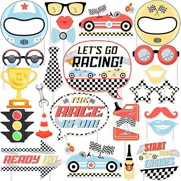 24pcs Race Car Photo Booth Props, Racing Theme Selfie Accessories for Car Lovers Gender Reveal Bridal Shower Milestone Birthday Party Decorations