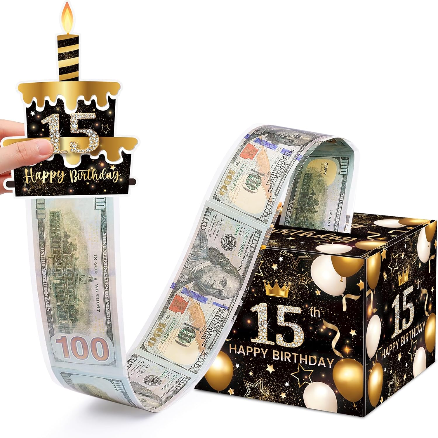 Birthday Money Gift Box with DIY Stickers for Any Age, Surprise Money Boxes for Cash Gift with Pull Out Happy Birthday Day Card and 50Pcs Transparent Bags