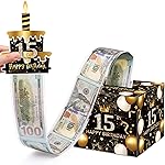 Meiidoshine 15th Birthday Money Box for Cash Gift, Surprise Pull Out Money Gift Box with 50Pcs Transparent Bags - Fun Ways to Give Cash as A 15th Birthday Gift for Girls Boys