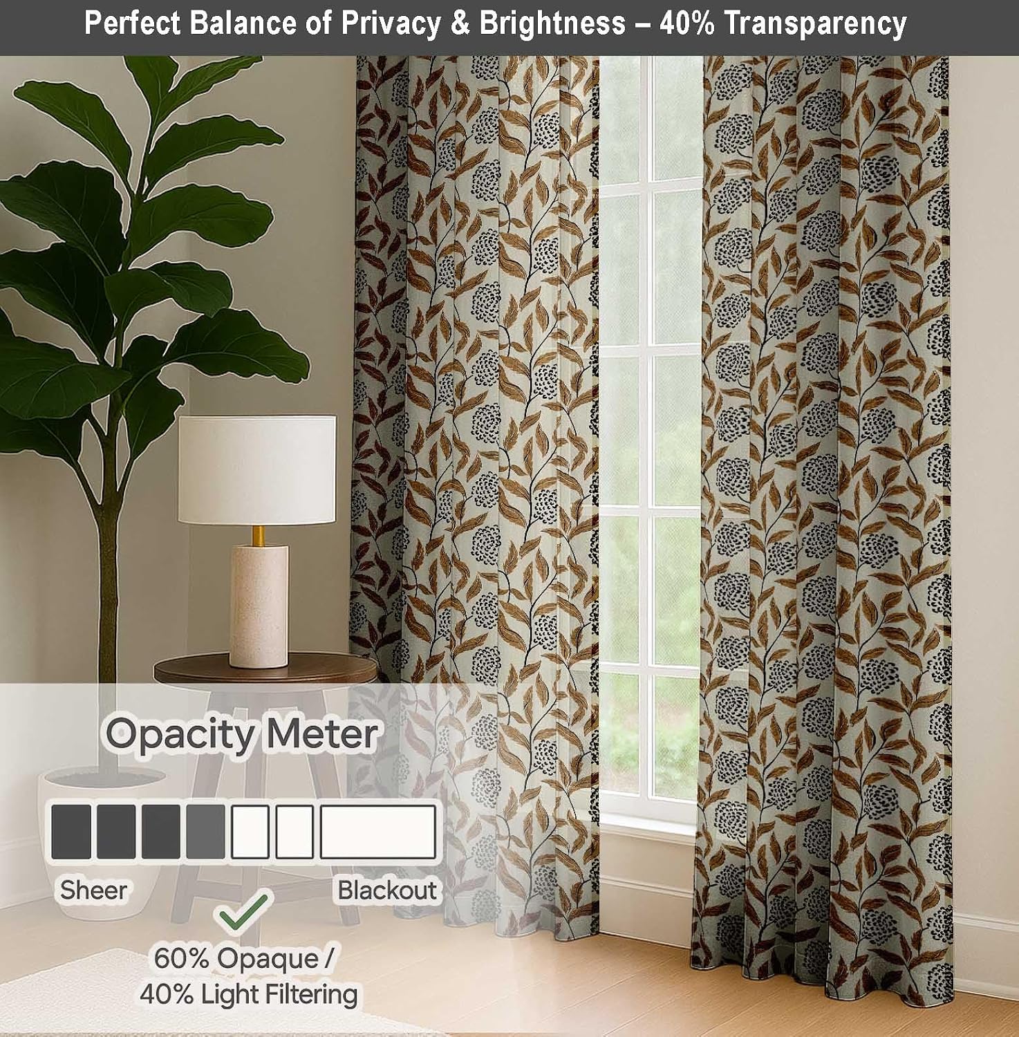 Cotton Curtains for Windows - 3-in-1 Rod Pocket/Back Tab Short Window Drapes - Light Filtering Cotton Canvas Panels - Set of 2, 52"x63" - Leaves Print (Beige)