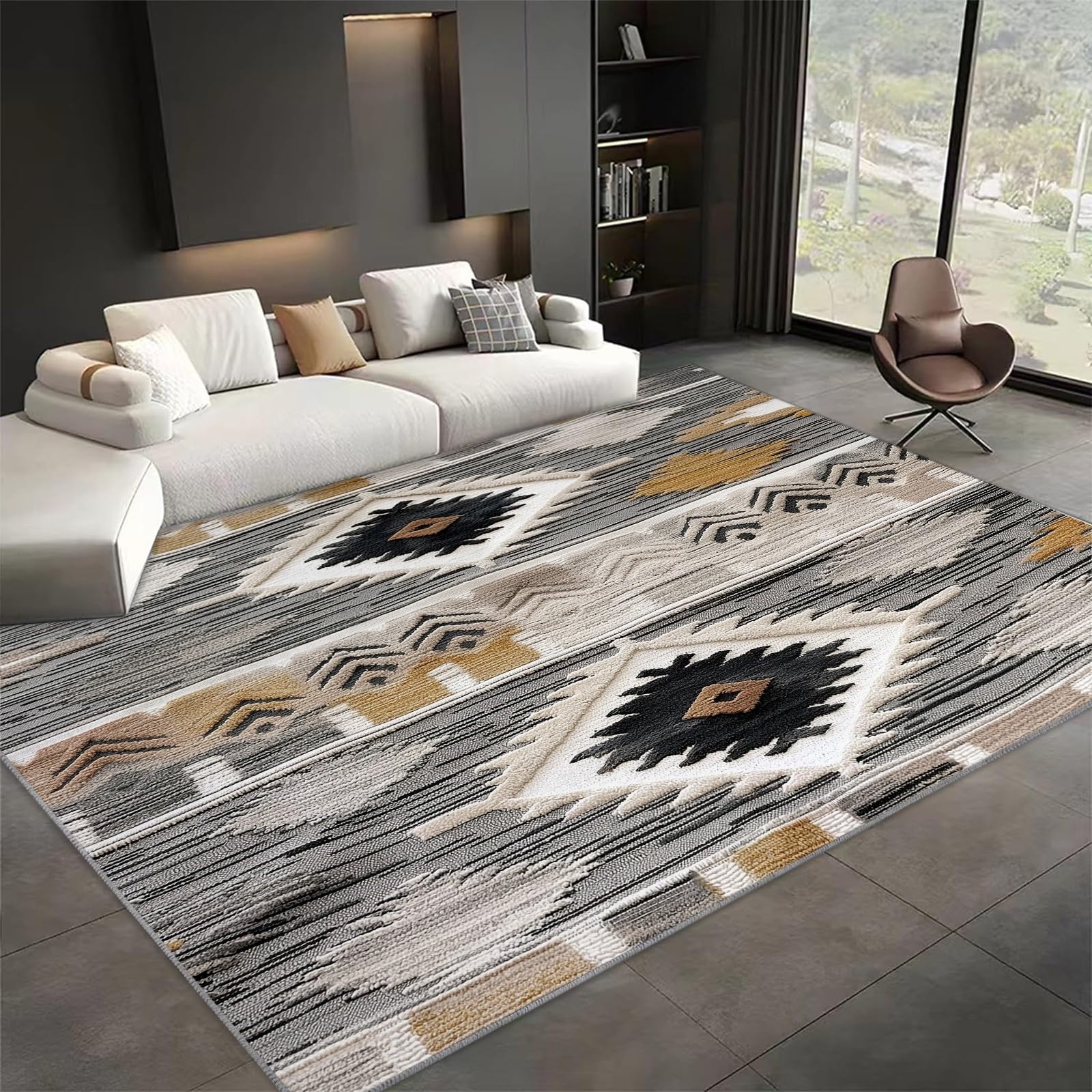 Tapis Chambre Texture Géométrique Aztèque Ethnique 80x150 cm Tapis de Salon Style Moderne Tapis Salon Doux à Poils Courts Tapis Antidérapant Intérieur Moelleux pour Salon Chambre