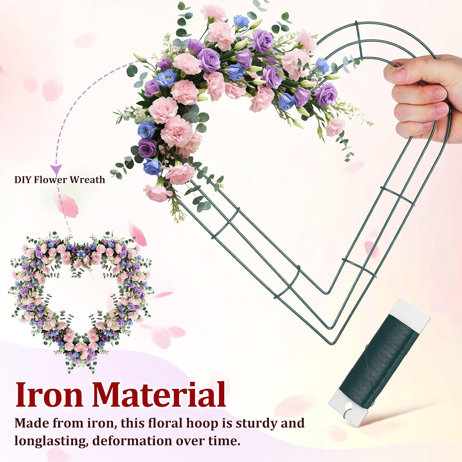 Heart Shaped Wreath Frame 30cm Iron Floral Hoop for Crafting | Green Finish, Wall Door Window Hanging Use, for Flower Arrangements, Christmas and Parties