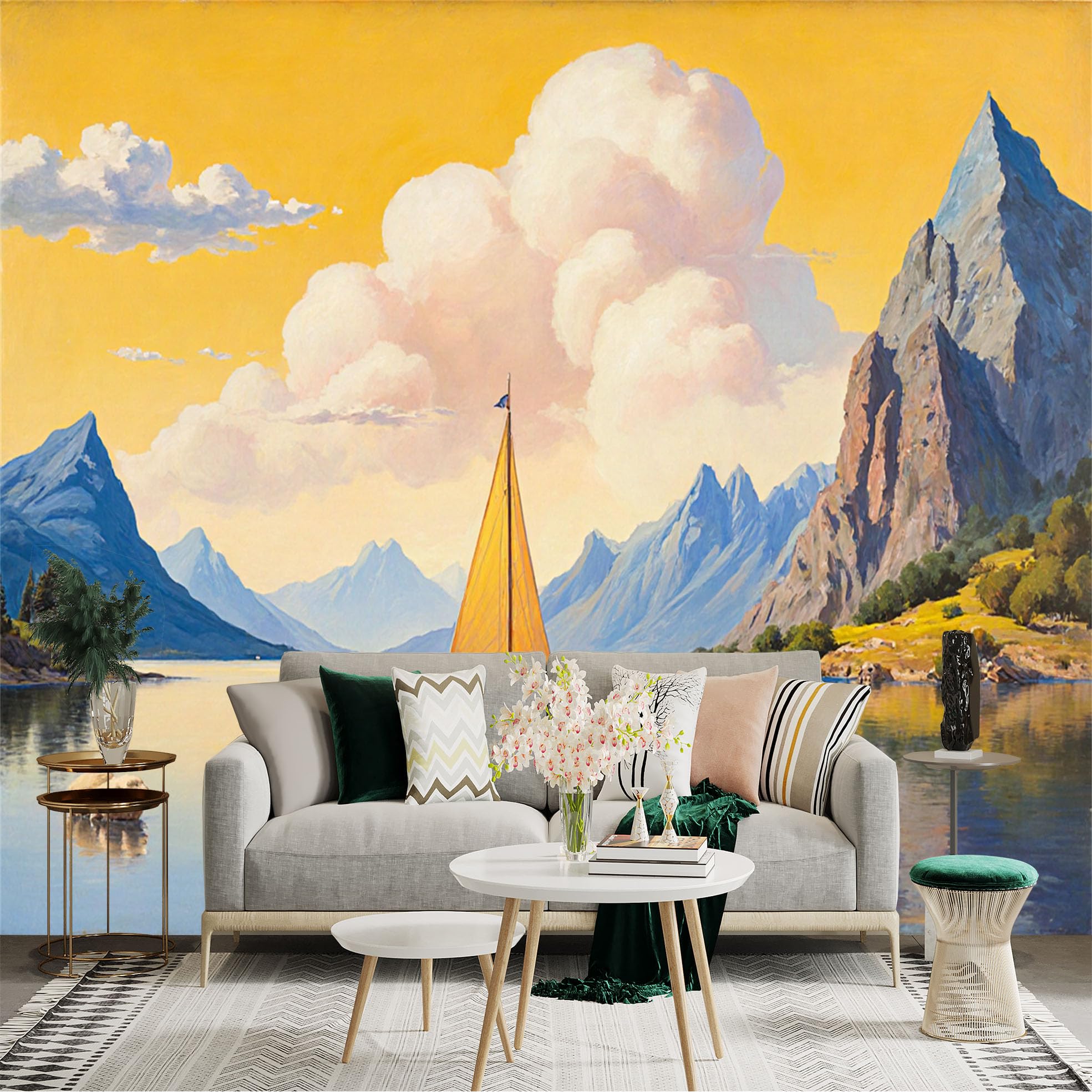 Lnzczhyre Xc260505618 Custom Size Wall Sticker Mural， Sailboat On Calm Lake， Majestic Mountains， Golden Sunset Clouds， Peaceful Nature Landscape， For Wall Decoration， Peelandstick Wall Decals.