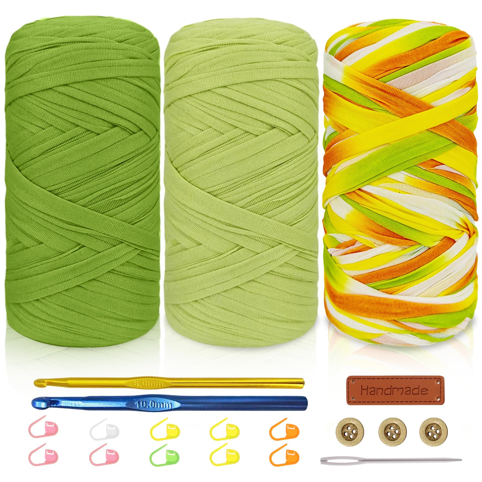 Tshirt Yarn Crochet Kit 3x200g Chunky Yarn for Crocheting with 6mm & 10mm Hooks + Accessories, Rich Color Combinations - Suitable for Beginners, Ideal for Making Bags, Home Decor（Green-3）