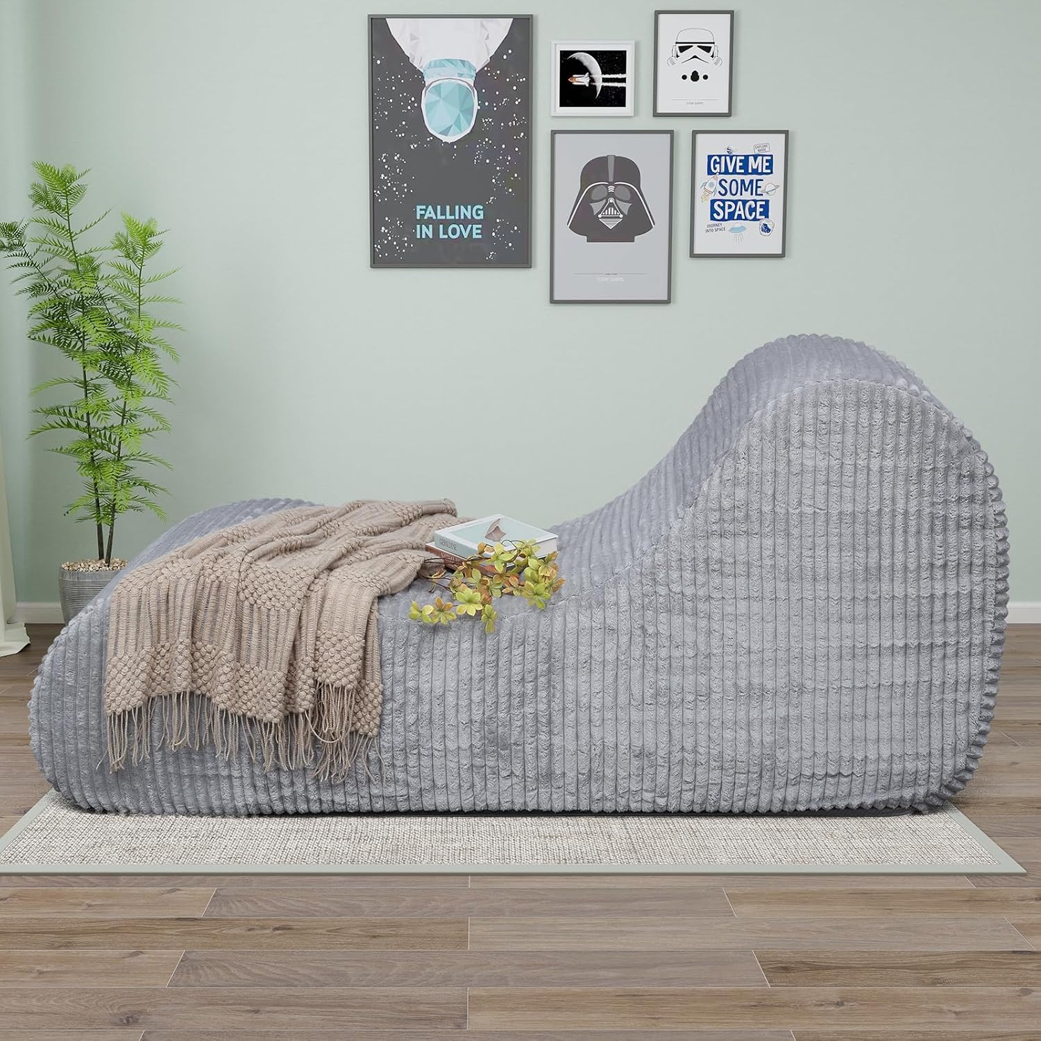 Rattaner Corduroy Chaise Lounge Chair Couch Indoor Boneless Oversized High-Density Sponge Soft Sofa, Grey